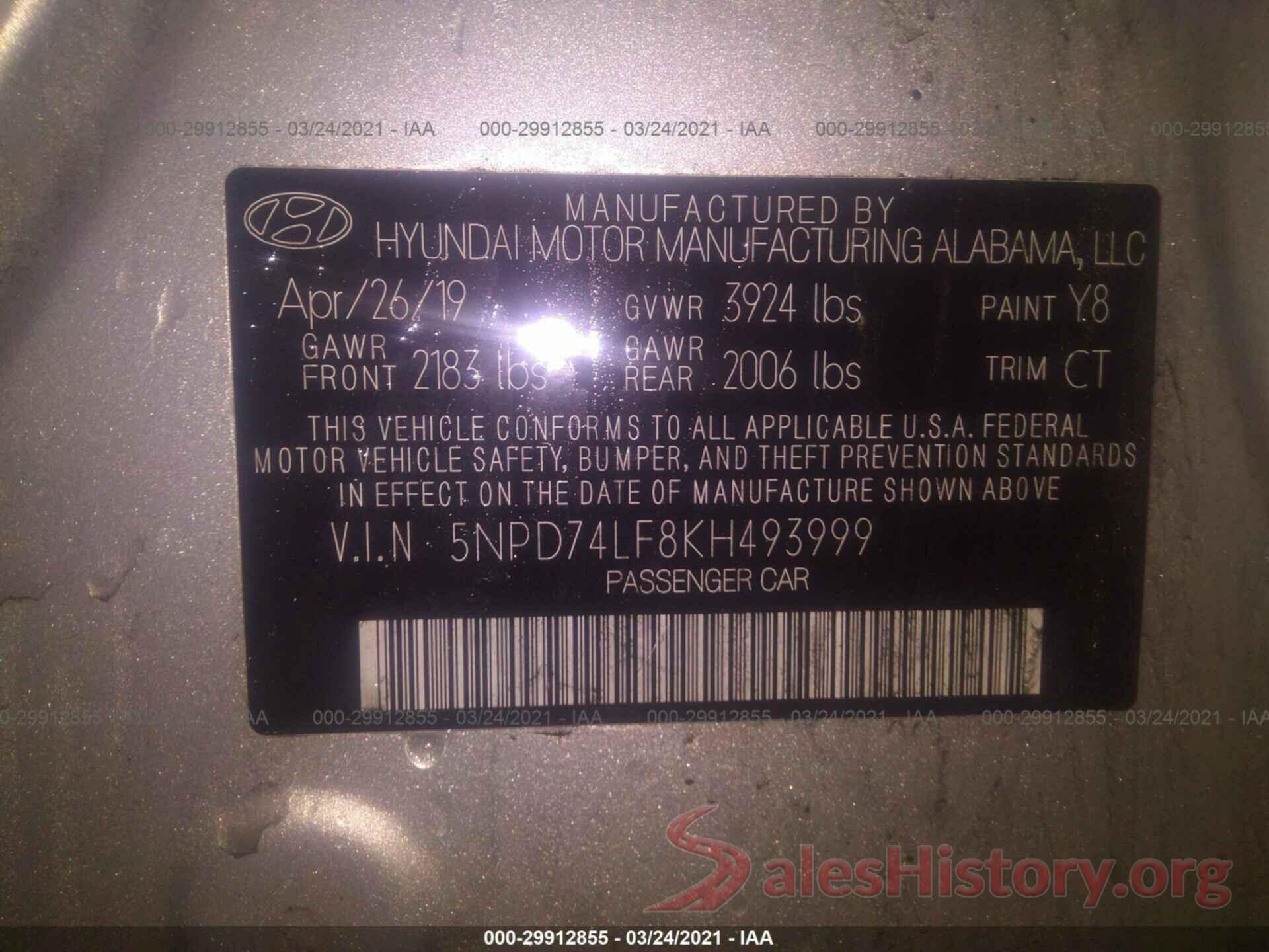 5NPD74LF8KH493999 2019 HYUNDAI ELANTRA