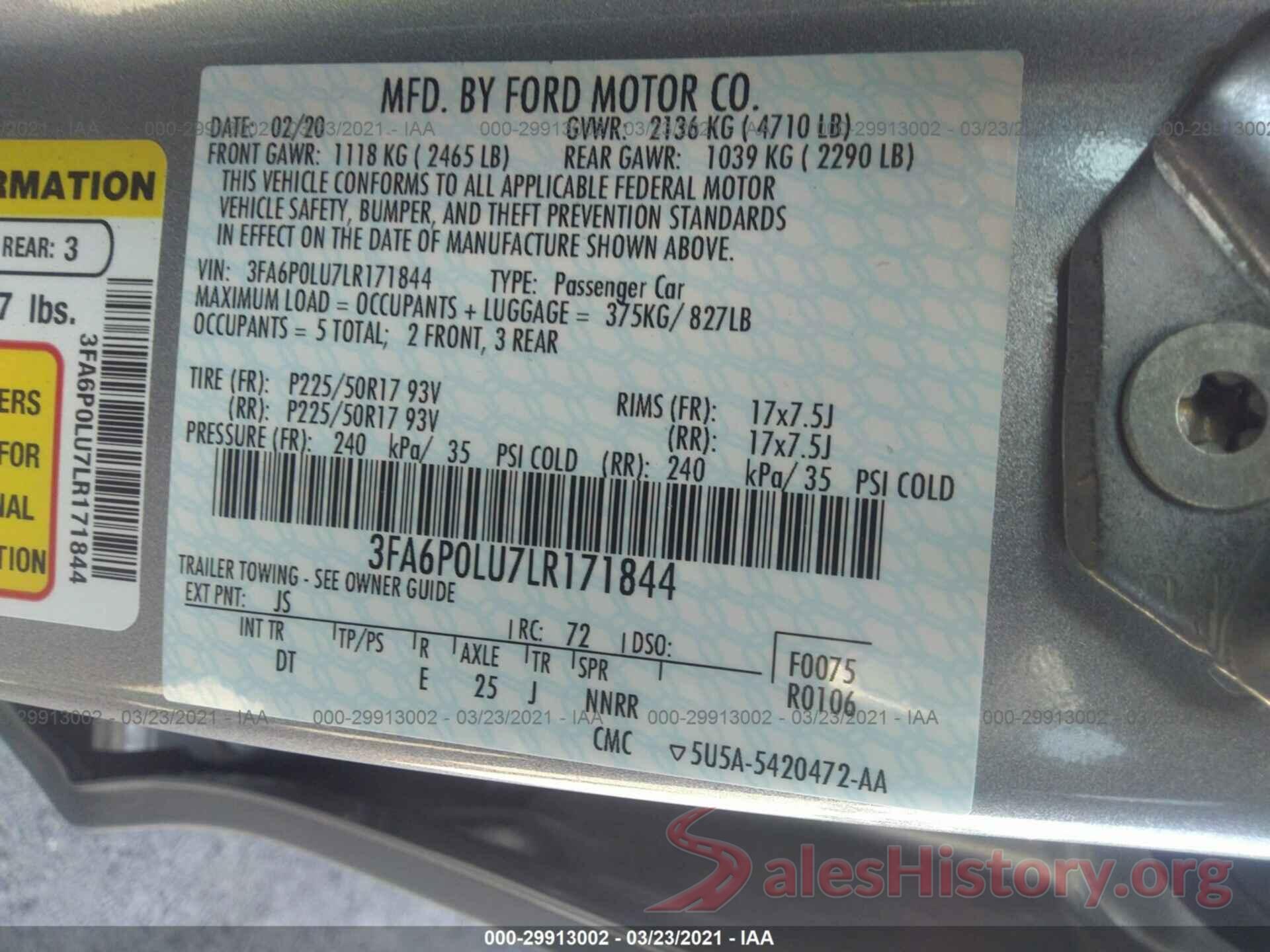 3FA6P0LU7LR171844 2020 FORD FUSION HYBRID