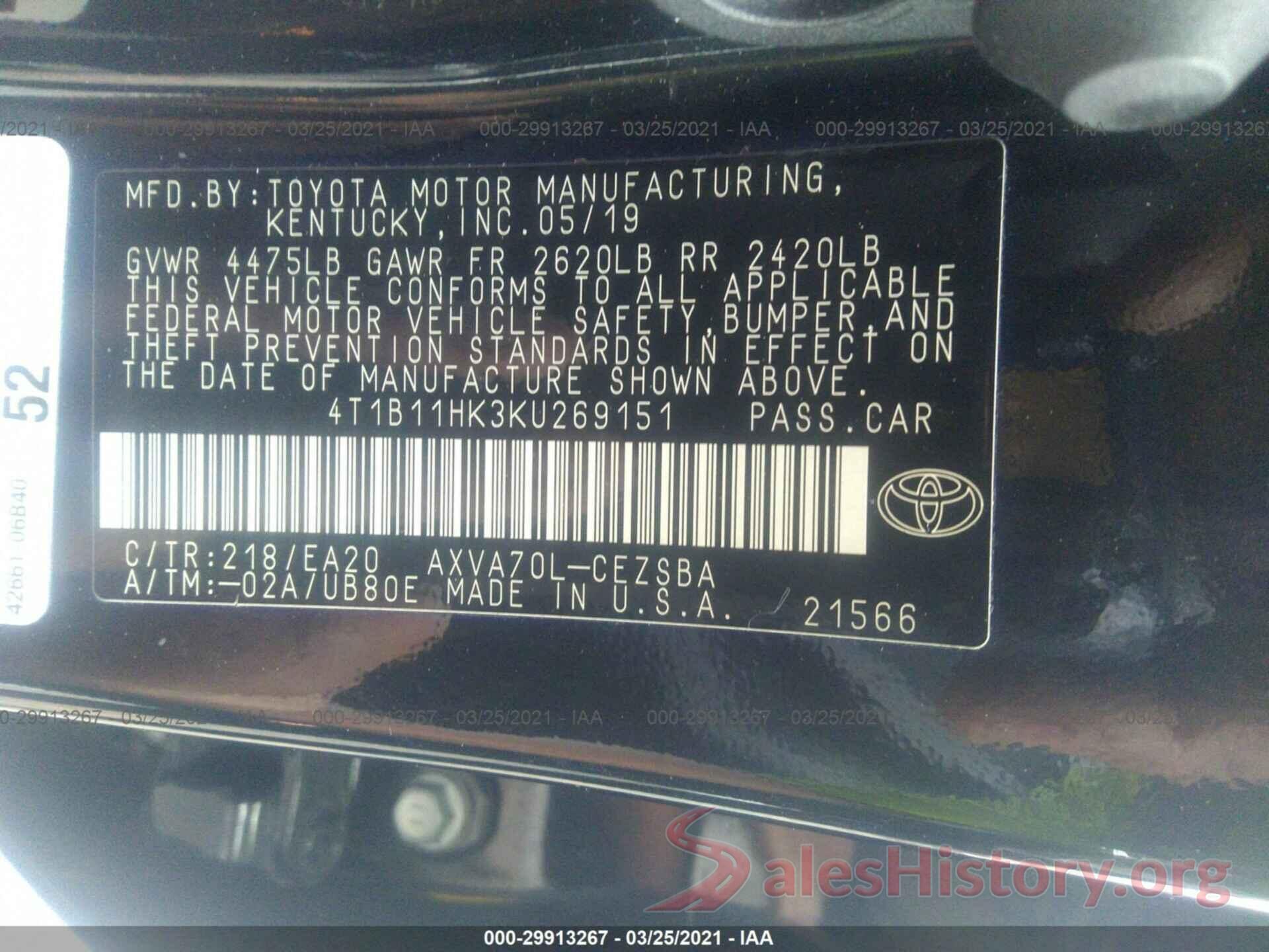 4T1B11HK3KU269151 2019 TOYOTA CAMRY