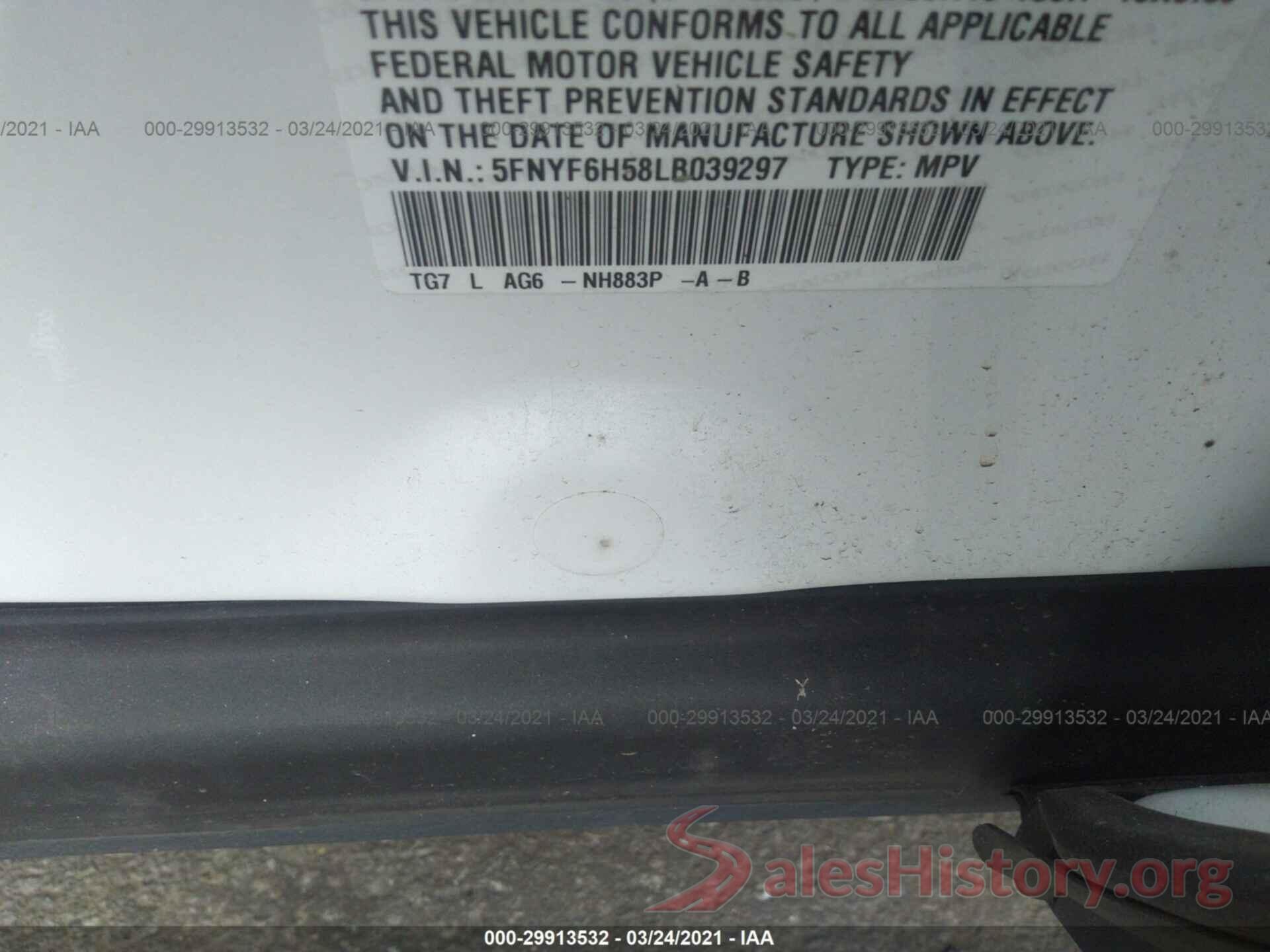 5FNYF6H58LB039297 2020 HONDA PILOT