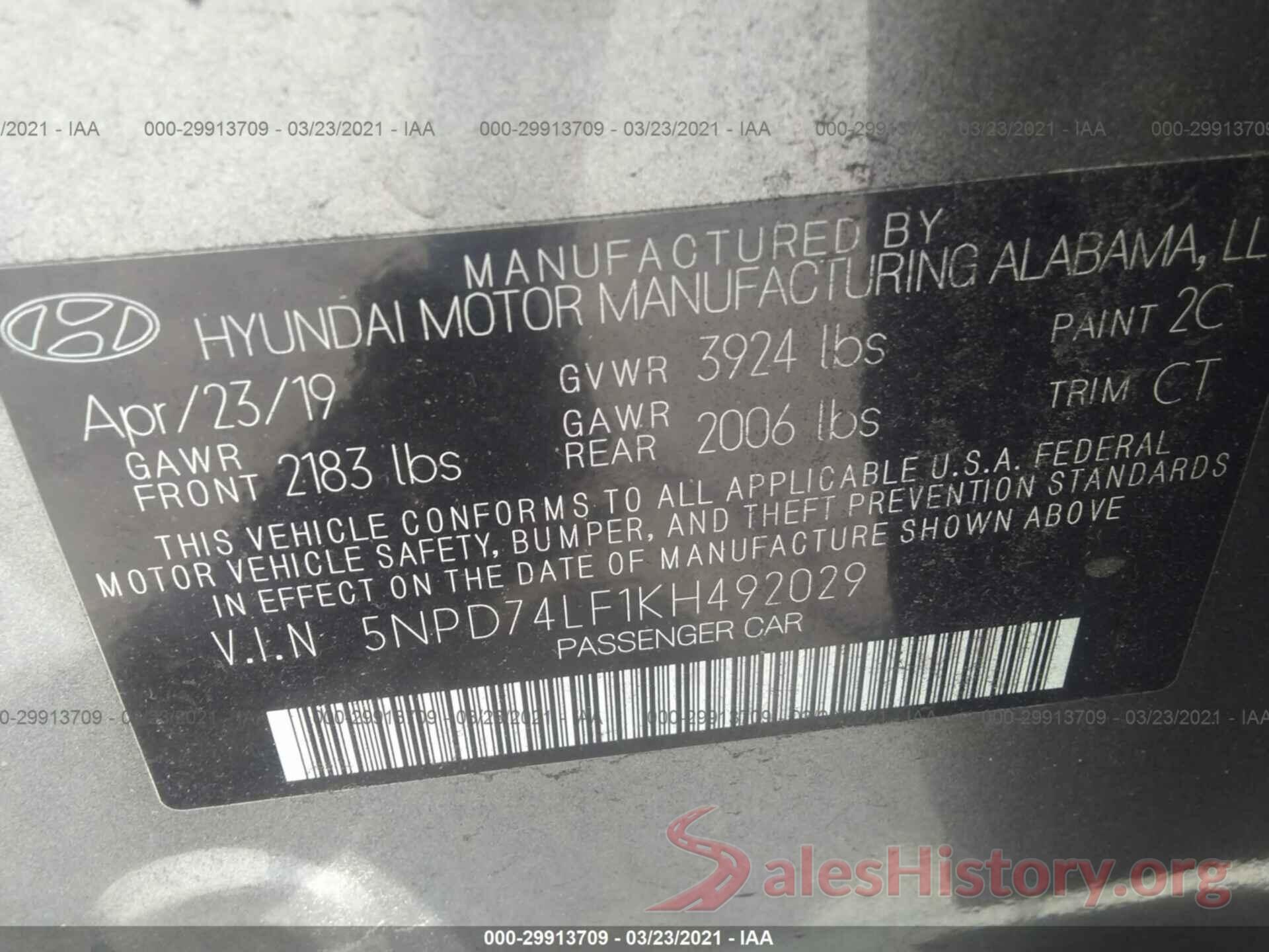 5NPD74LF1KH492029 2019 HYUNDAI ELANTRA