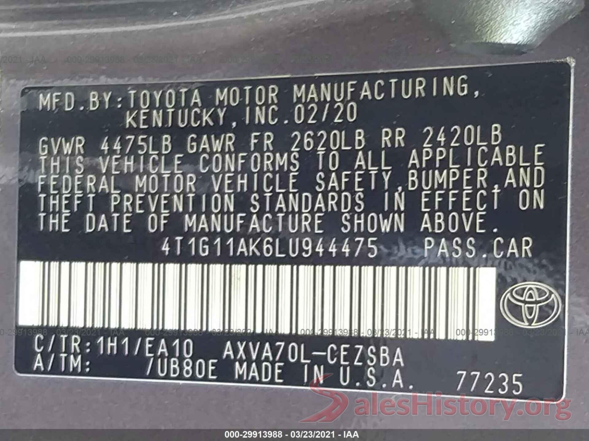 4T1G11AK6LU944475 2020 TOYOTA CAMRY