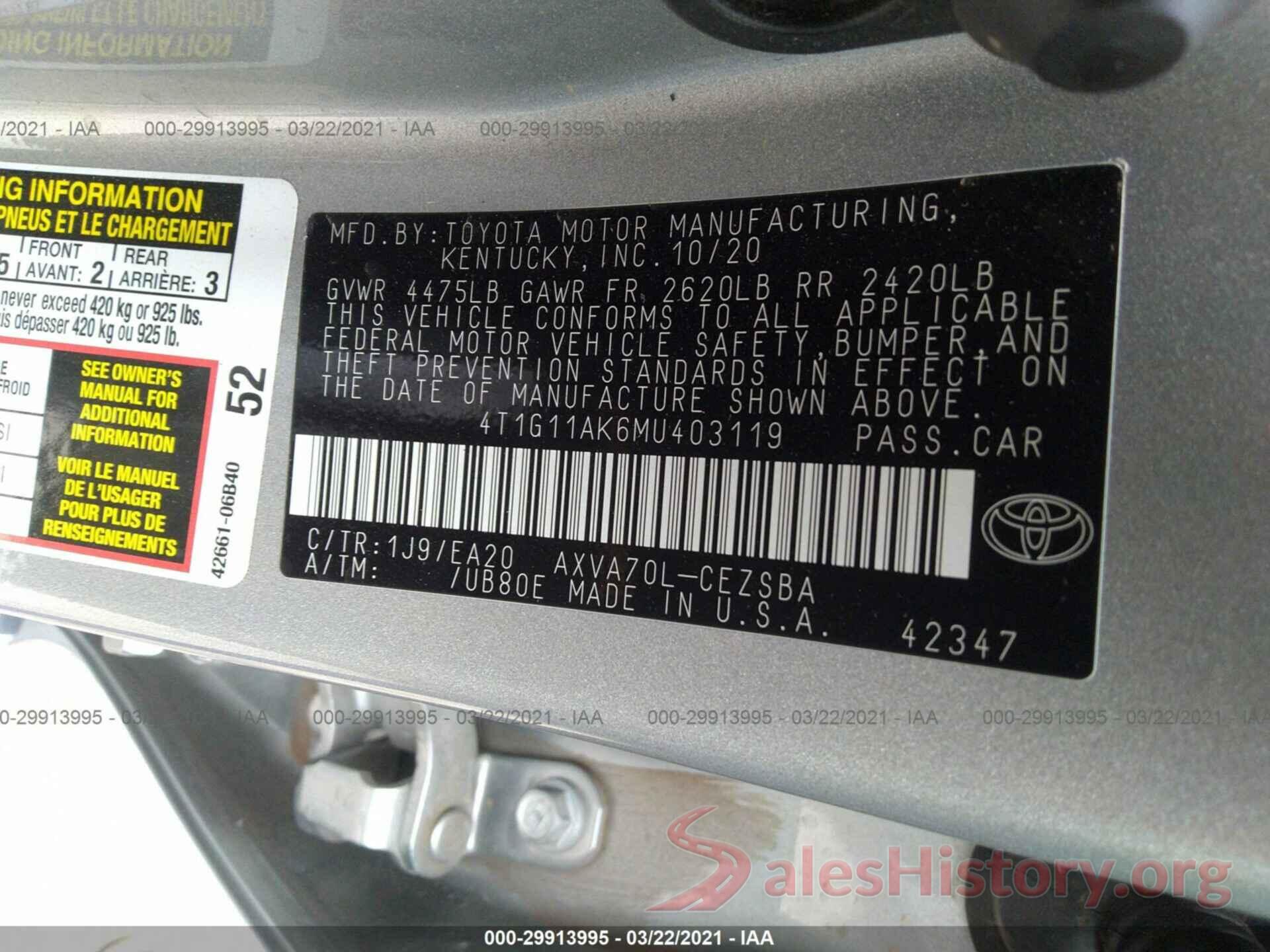 4T1G11AK6MU403119 2021 TOYOTA CAMRY