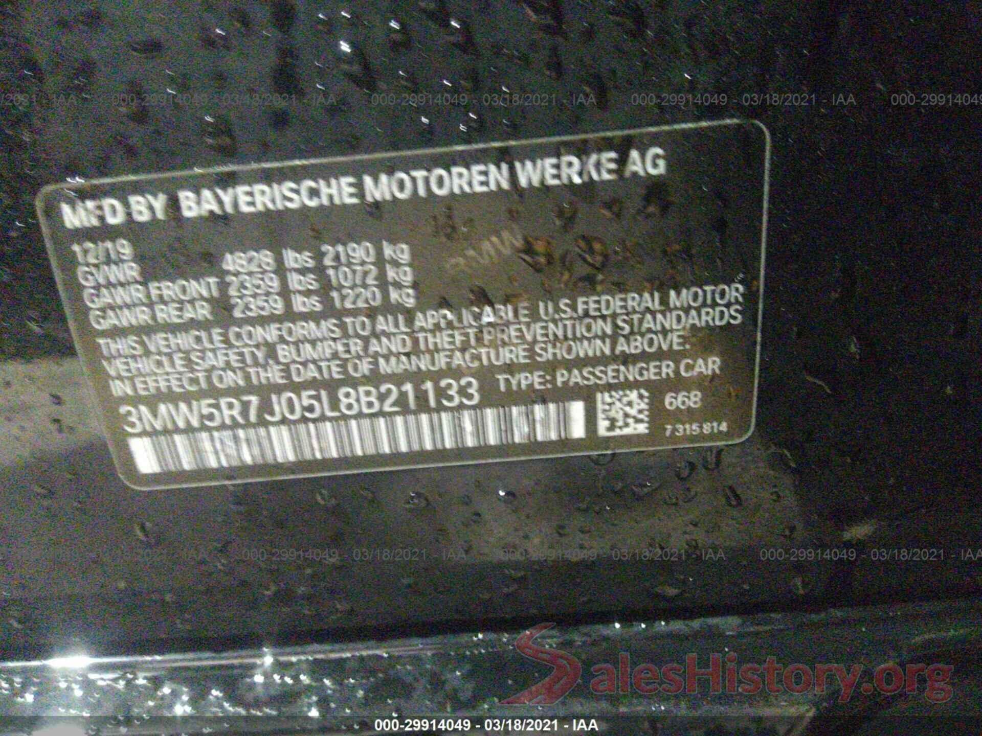 3MW5R7J05L8B21133 2020 BMW 3 SERIES