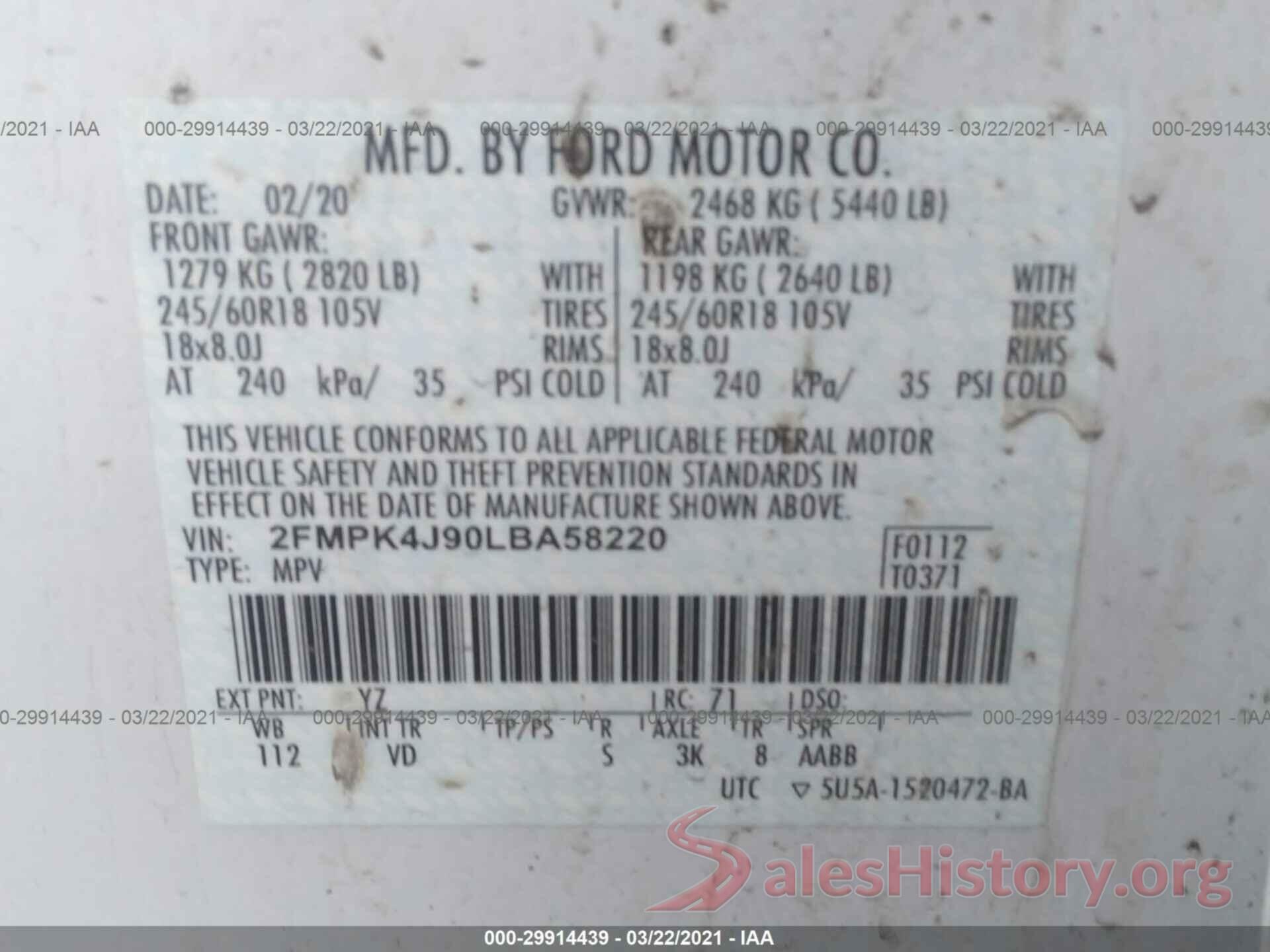 2FMPK4J90LBA58220 2020 FORD EDGE