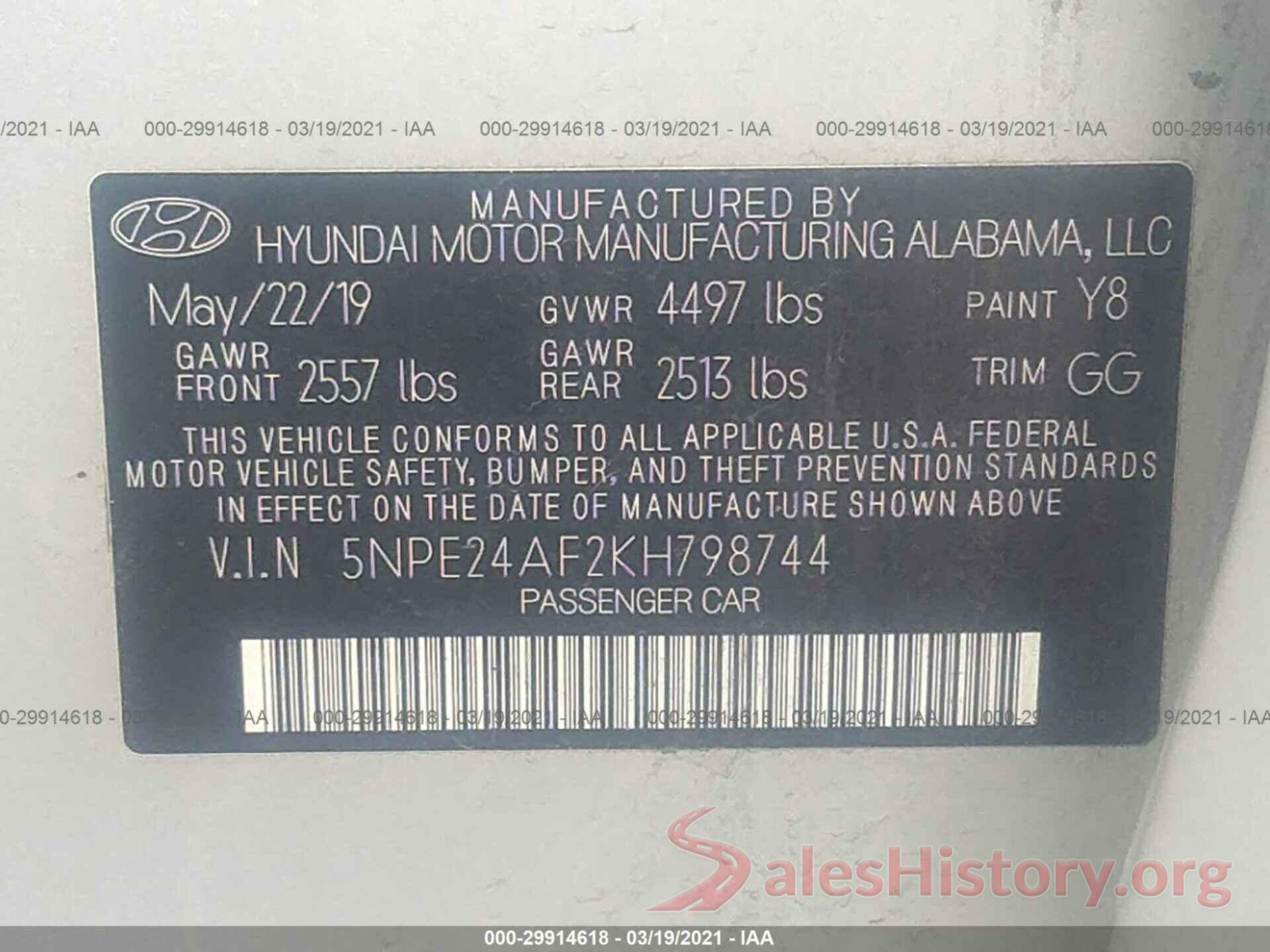 5NPE24AF2KH798744 2019 HYUNDAI SONATA