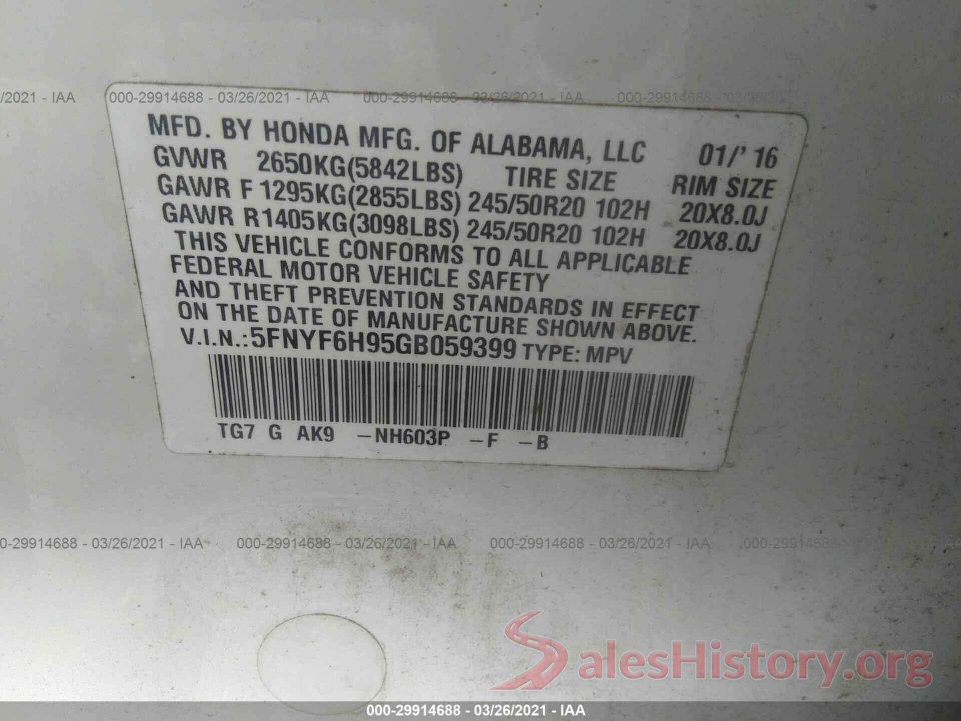 5FNYF6H95GB059399 2016 HONDA PILOT