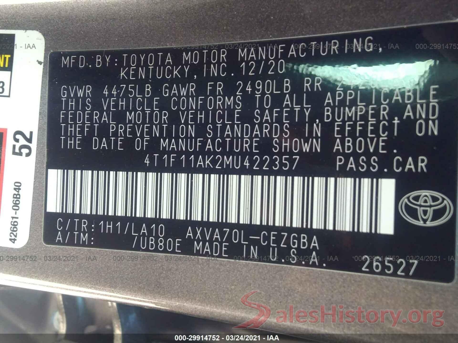 4T1F11AK2MU422357 2021 TOYOTA CAMRY