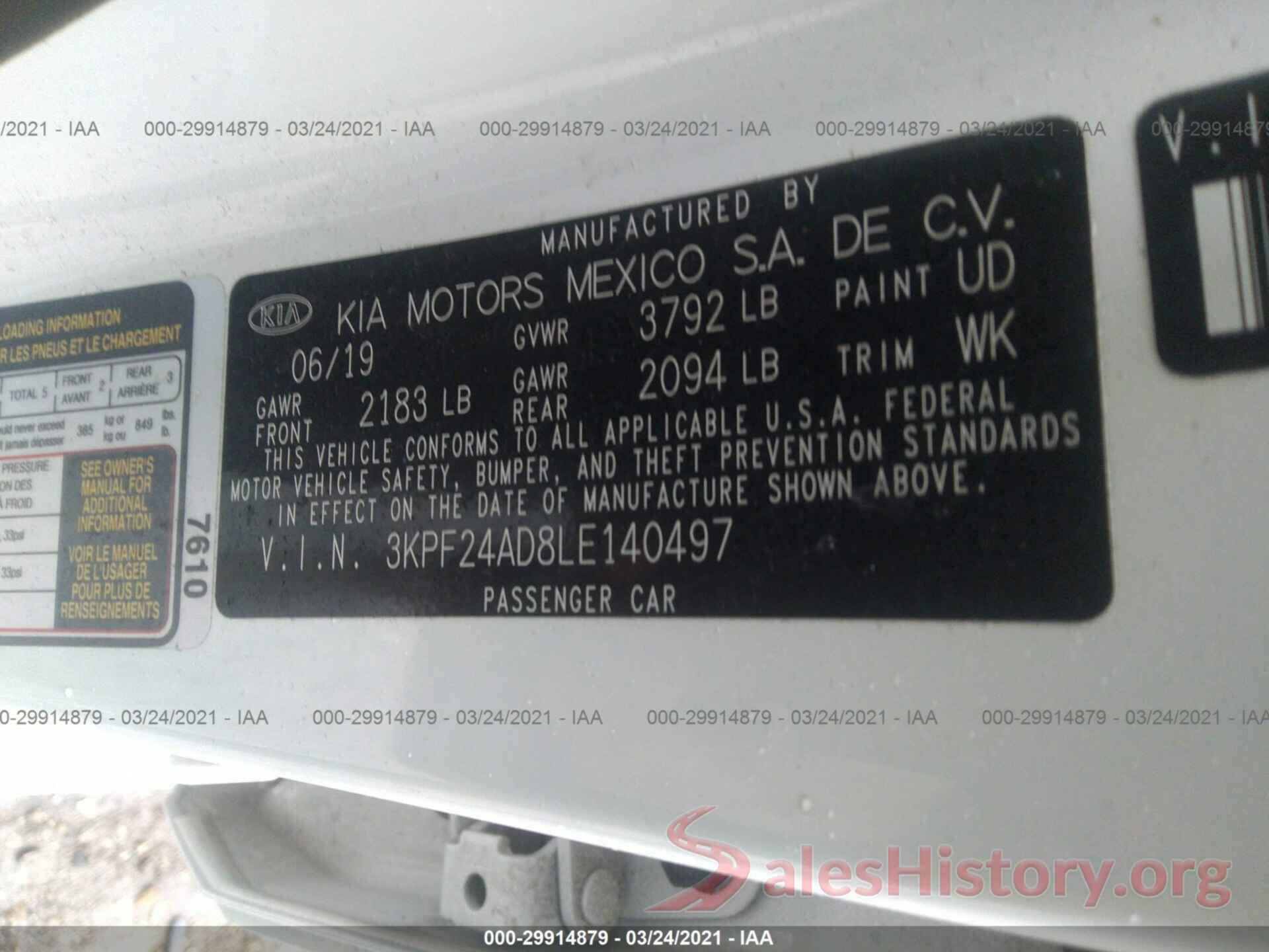 3KPF24AD8LE140497 2020 KIA FORTE