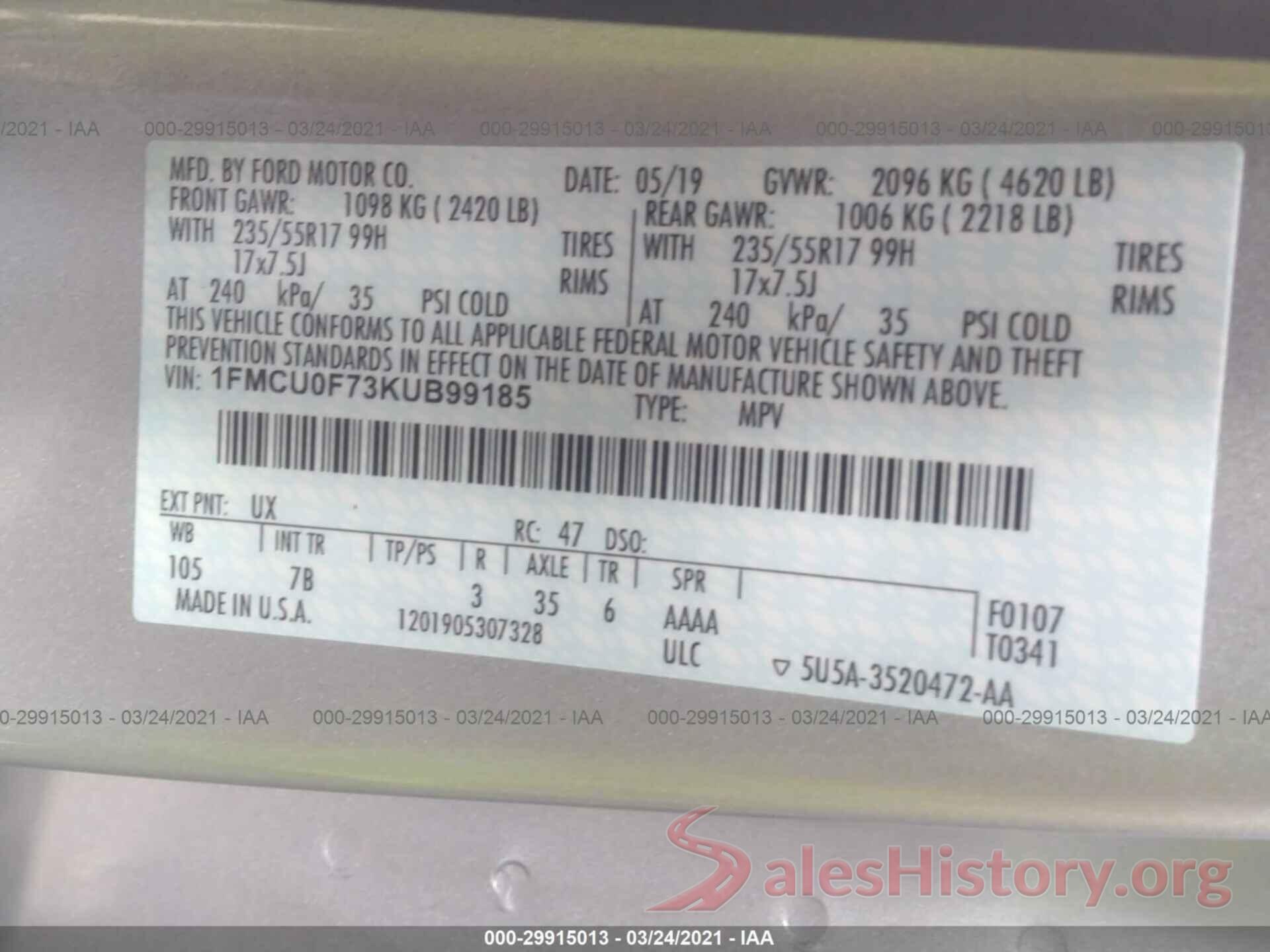 1FMCU0F73KUB99185 2019 FORD ESCAPE