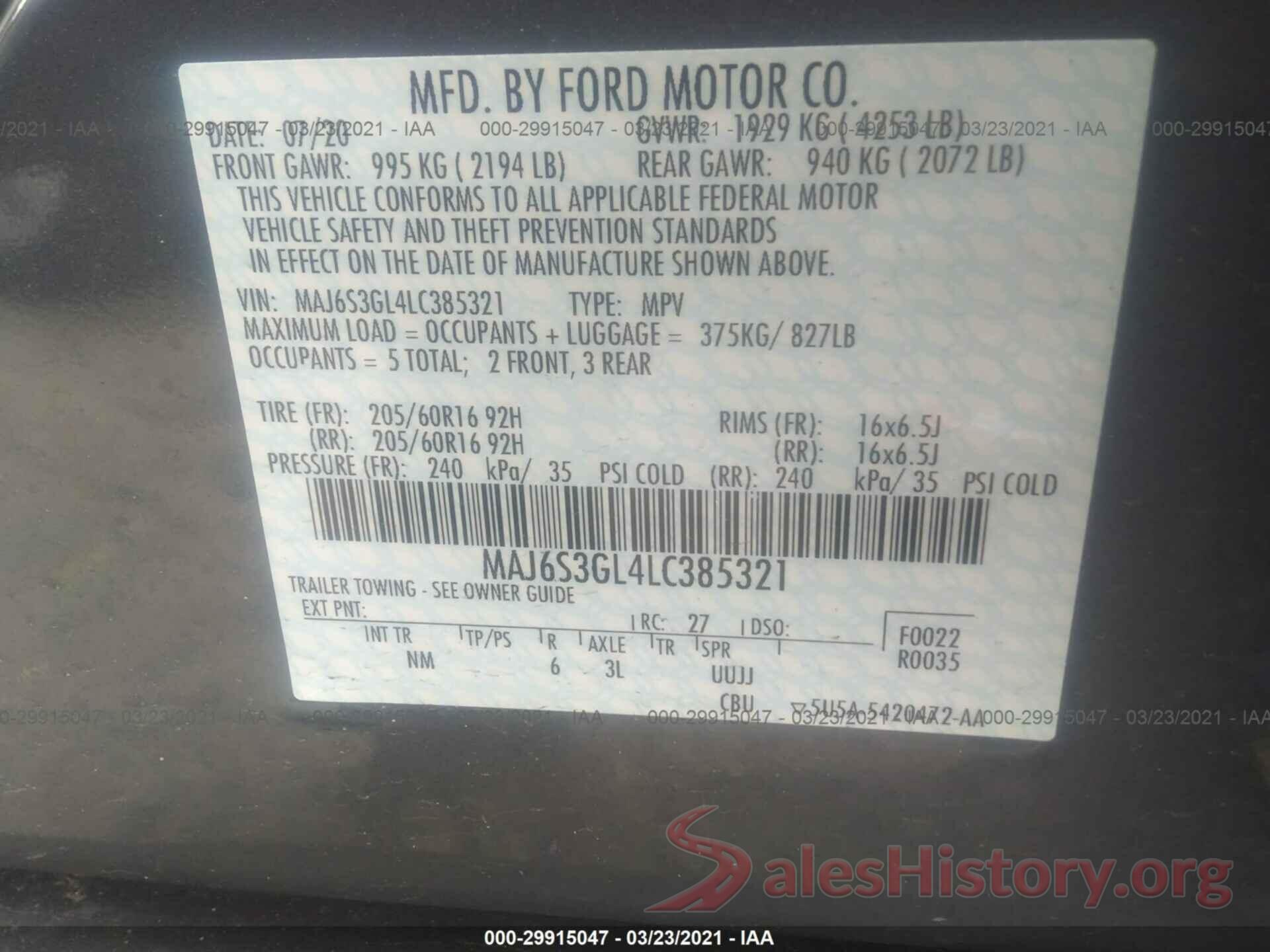 MAJ6S3GL4LC385321 2020 FORD ECOSPORT