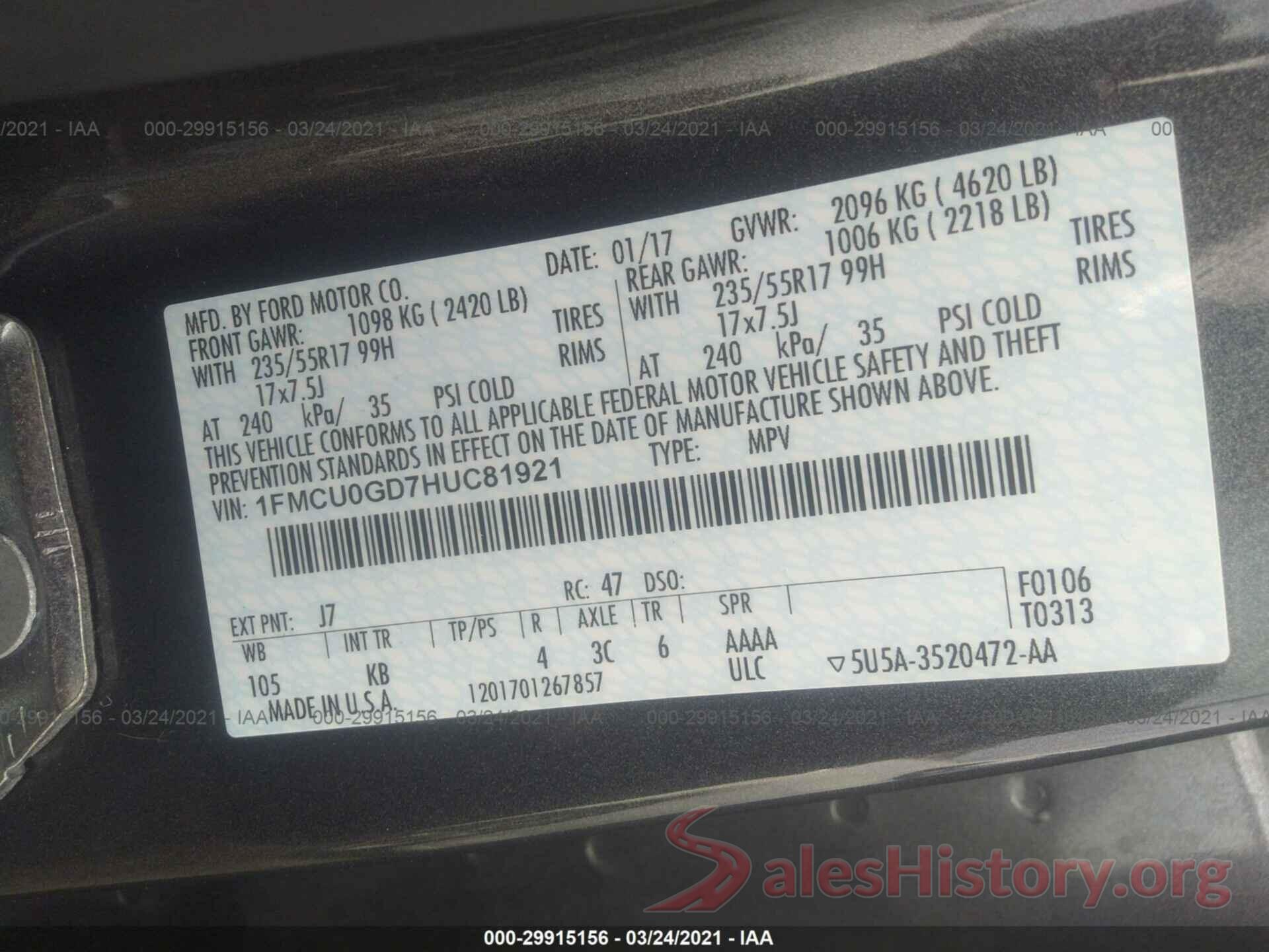 1FMCU0GD7HUC81921 2017 FORD ESCAPE