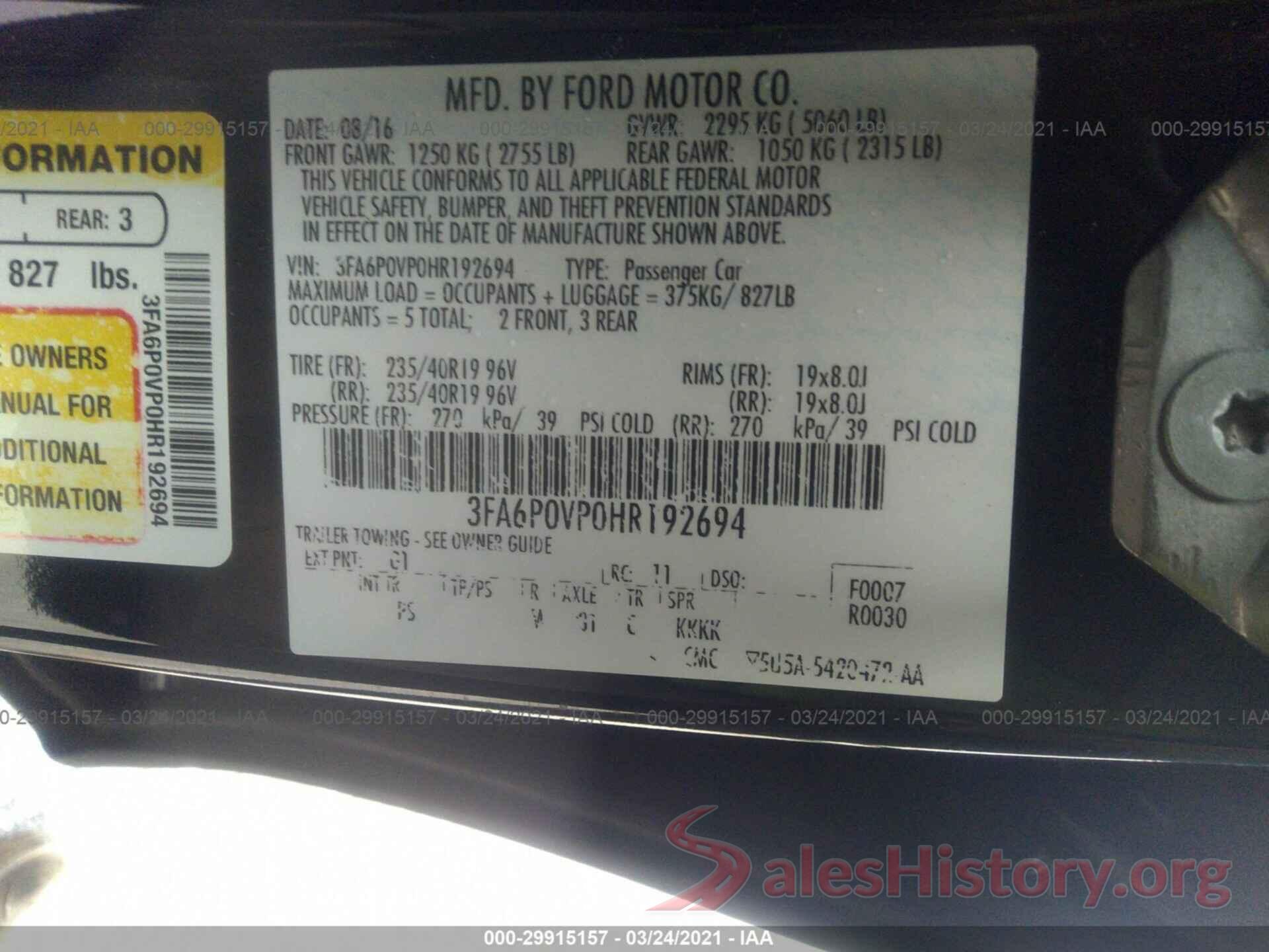 3FA6P0VP0HR192694 2017 FORD FUSION