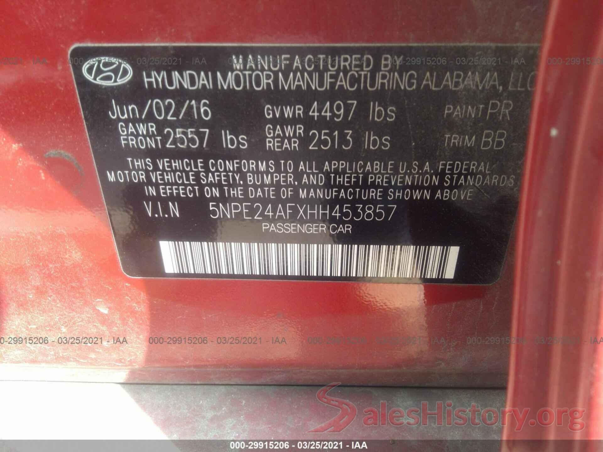 5NPE24AFXHH453857 2017 HYUNDAI SONATA