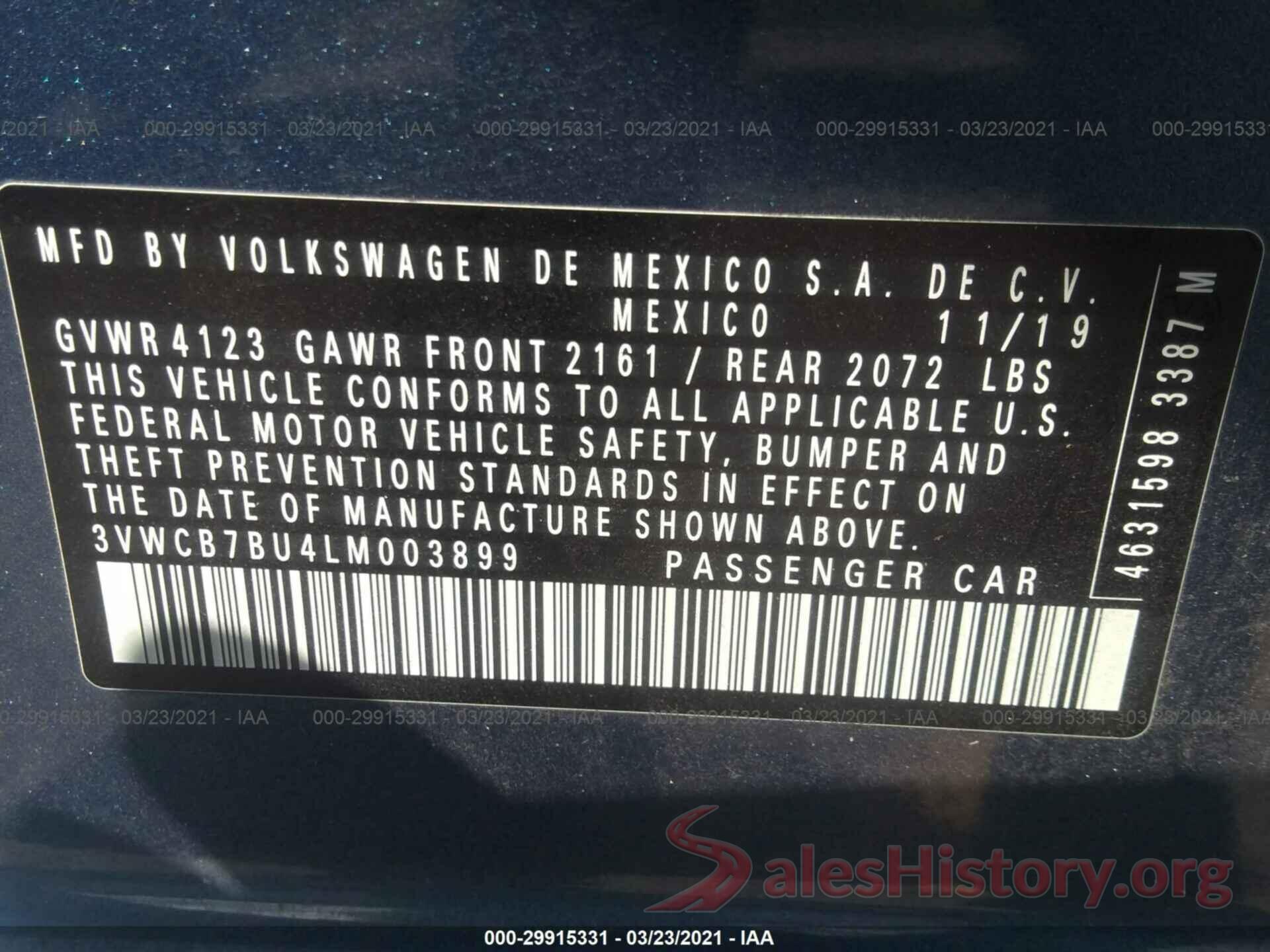 3VWCB7BU4LM003899 2020 VOLKSWAGEN JETTA