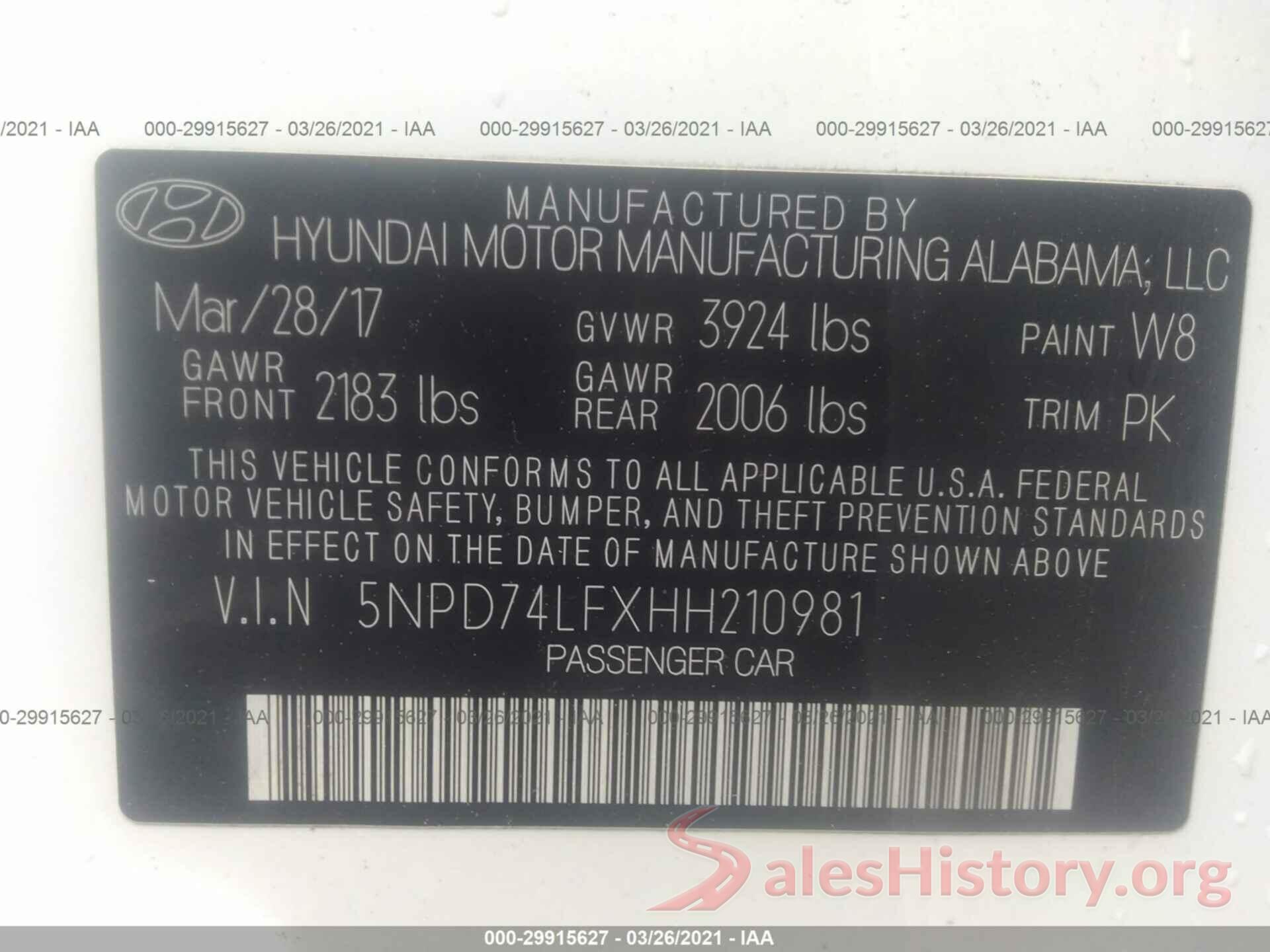 5NPD74LFXHH210981 2017 HYUNDAI ELANTRA