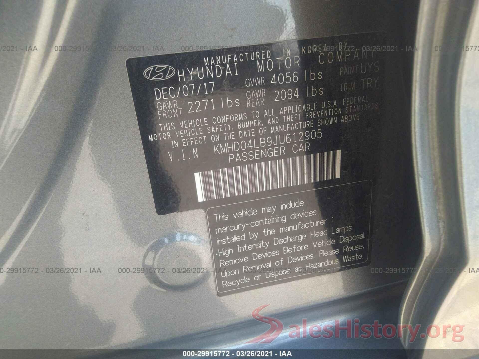 KMHD04LB9JU612905 2018 HYUNDAI ELANTRA