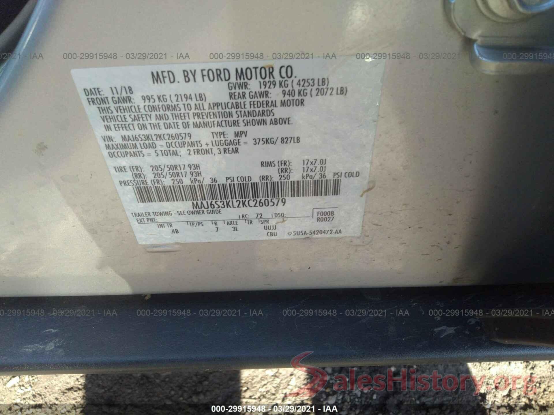 MAJ6S3KL2KC260579 2019 FORD ECOSPORT