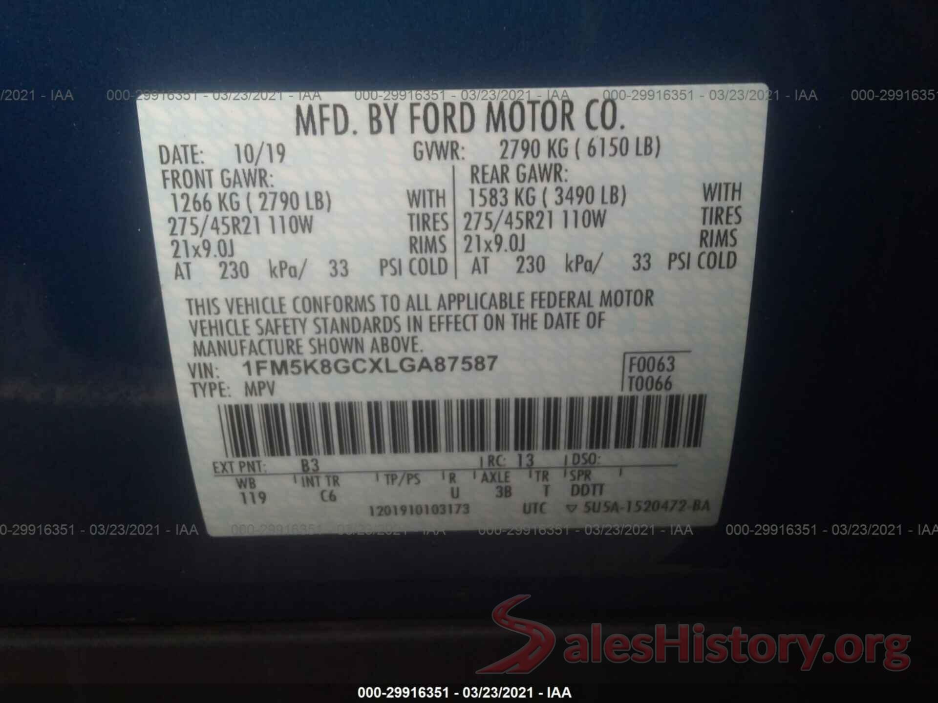 1FM5K8GCXLGA87587 2020 FORD EXPLORER