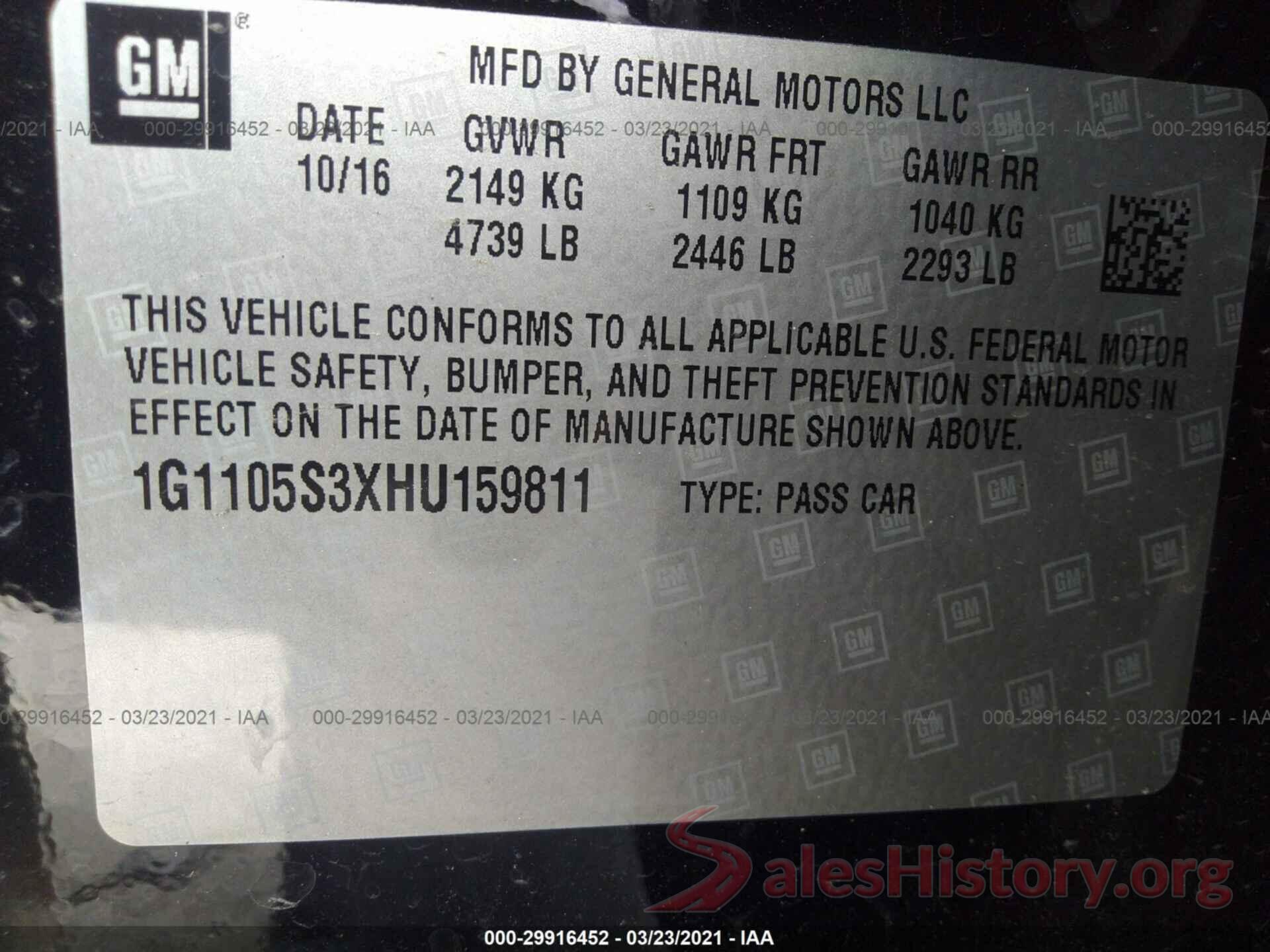 1G1105S3XHU159811 2017 CHEVROLET IMPALA