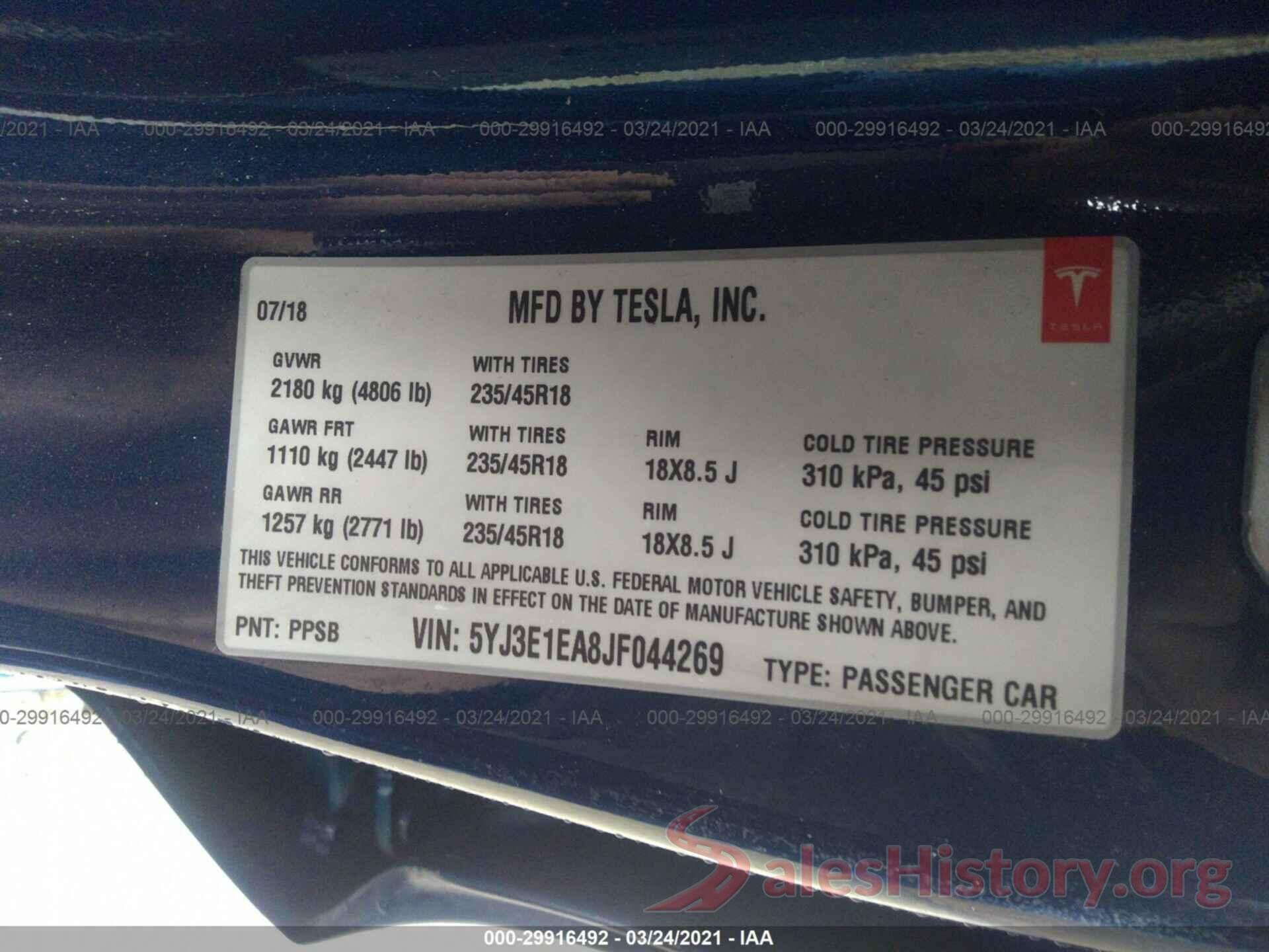 5YJ3E1EA8JF044269 2018 TESLA MODEL 3