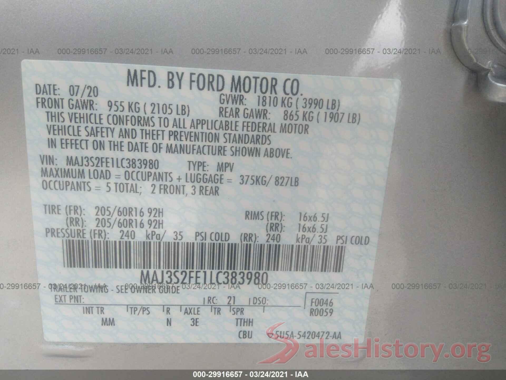 MAJ3S2FE1LC383980 2020 FORD ECOSPORT