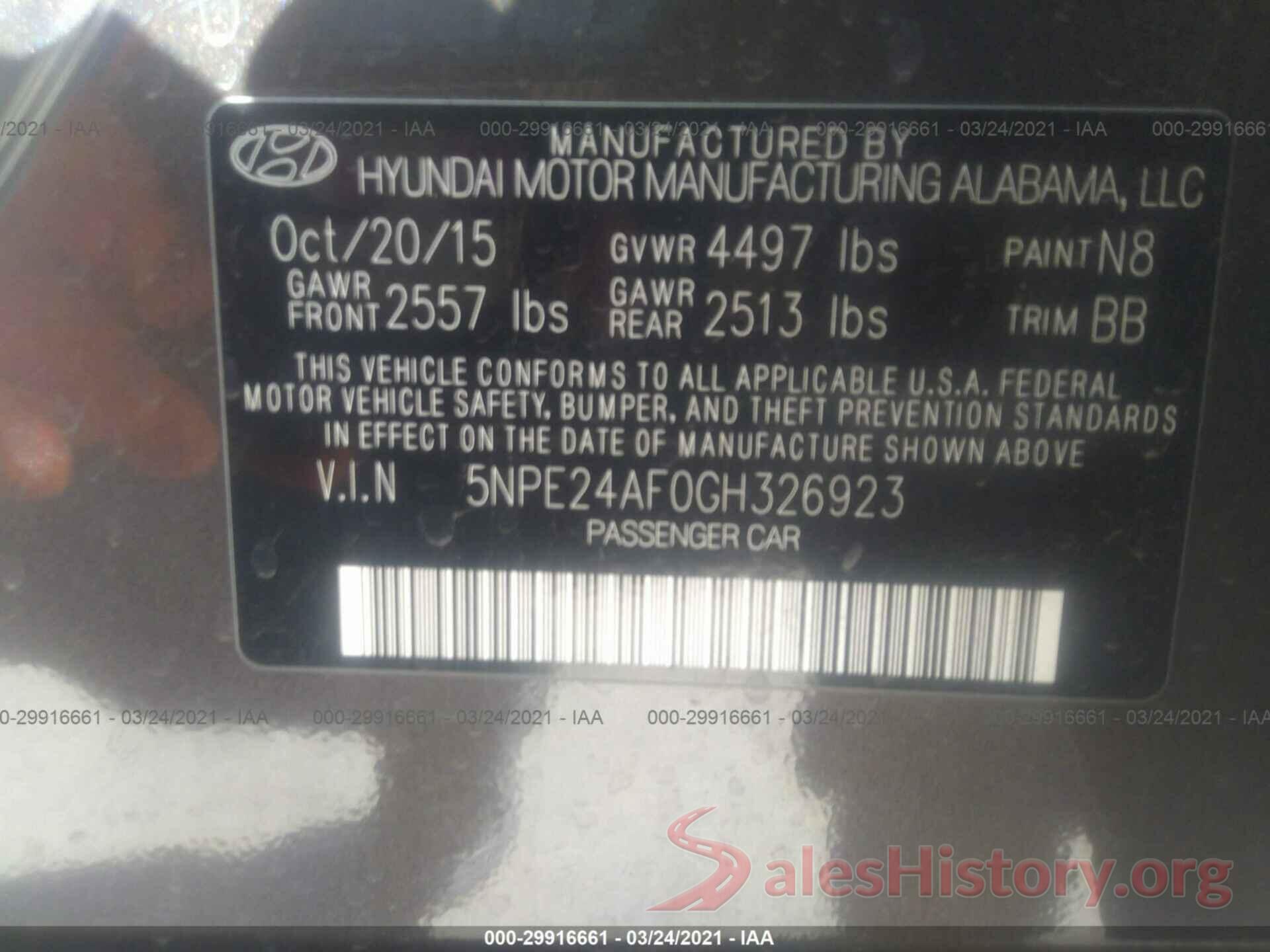 5NPE24AF0GH326923 2016 HYUNDAI SONATA