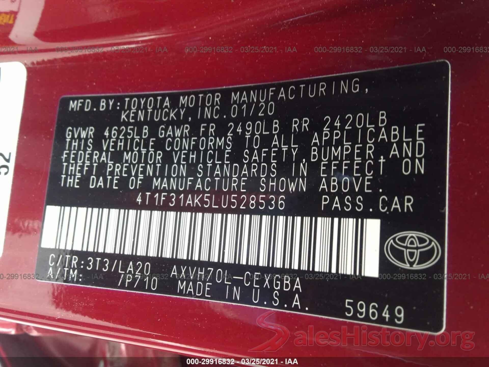 4T1F31AK5LU528536 2020 TOYOTA CAMRY