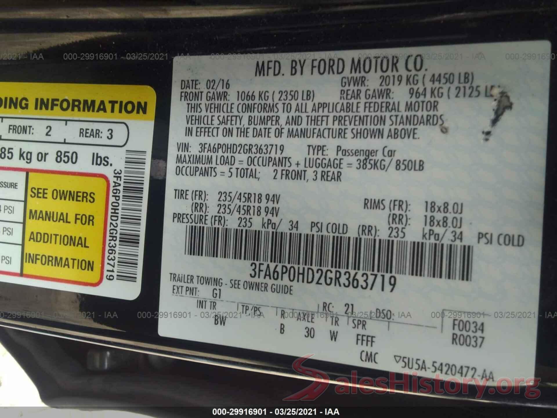 3FA6P0HD2GR363719 2016 FORD FUSION