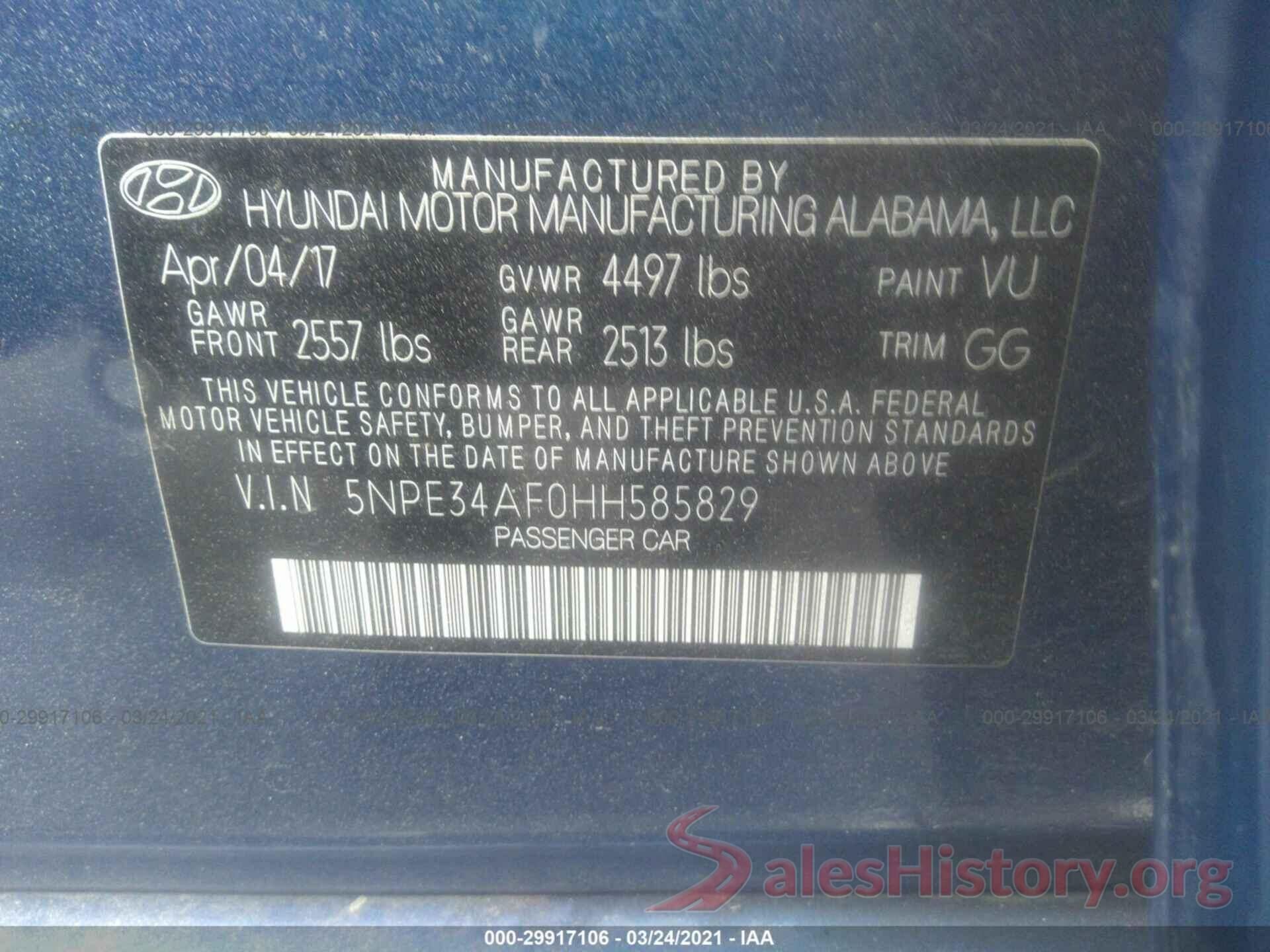 5NPE34AF0HH585829 2017 HYUNDAI SONATA