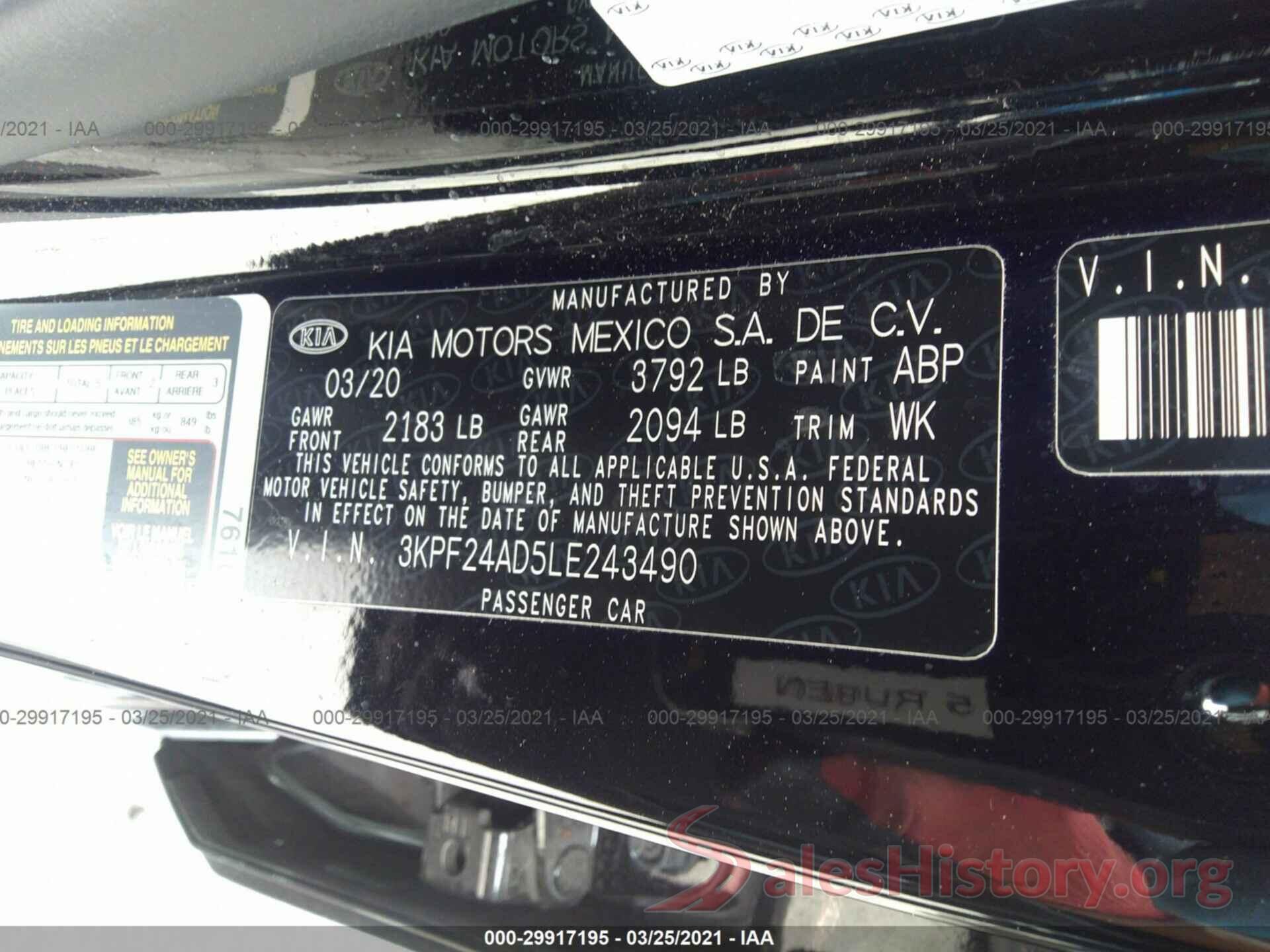 3KPF24AD5LE243490 2020 KIA FORTE