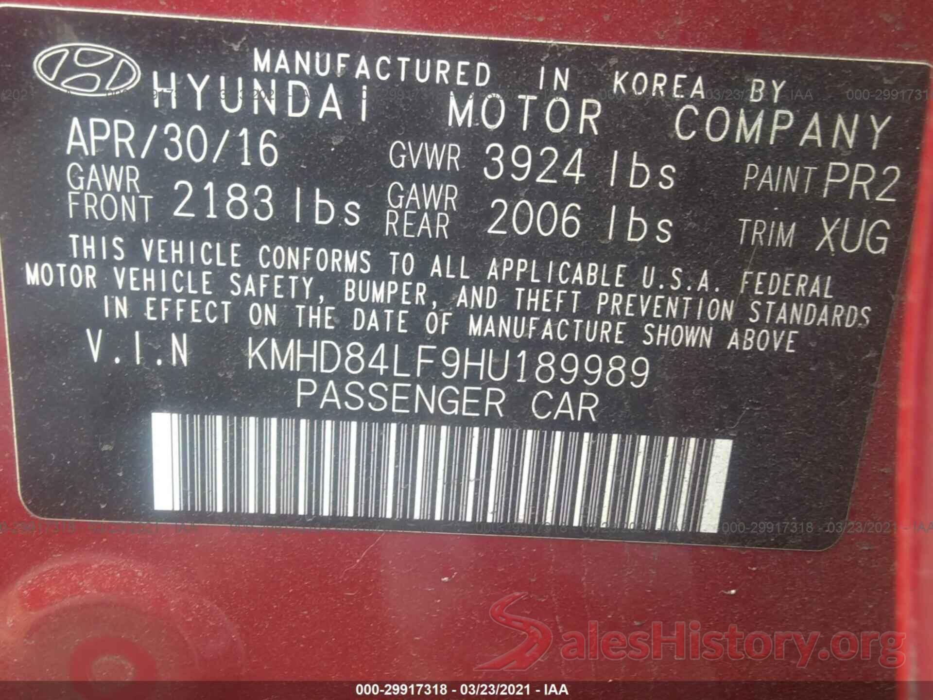 KMHD84LF9HU189989 2017 HYUNDAI ELANTRA