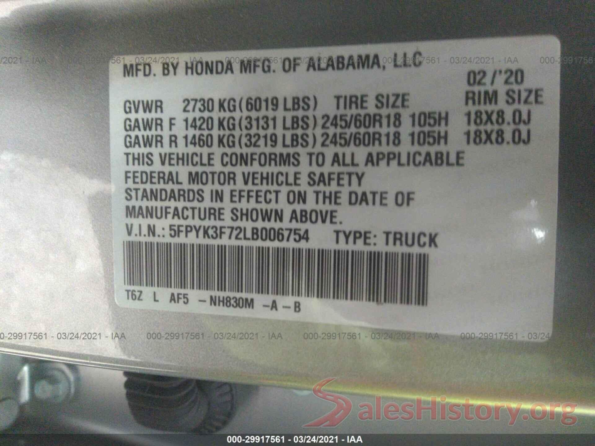 5FPYK3F72LB006754 2020 HONDA RIDGELINE