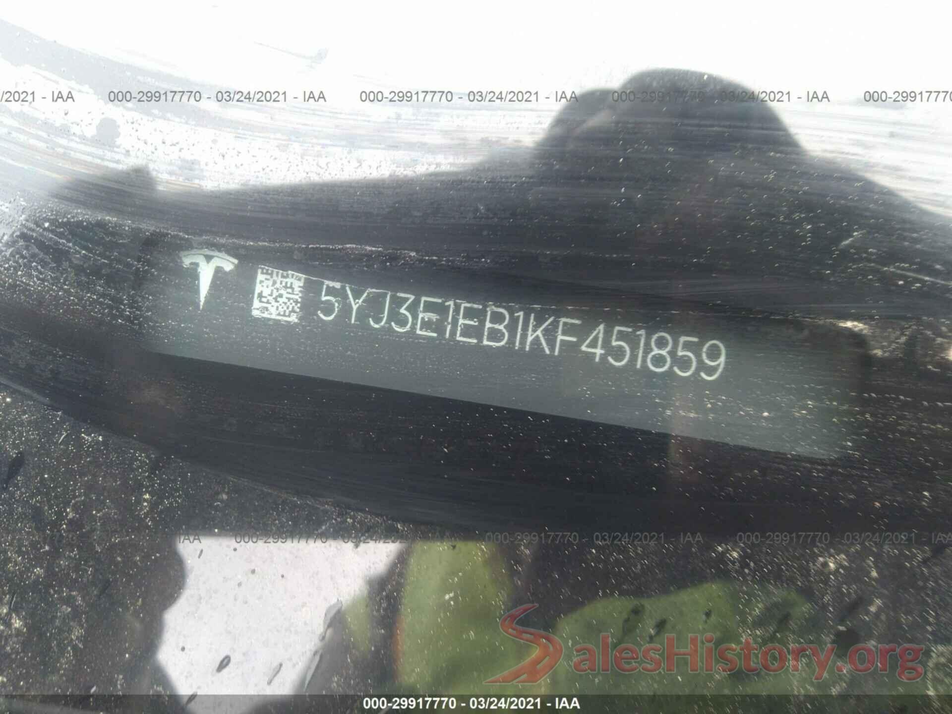 5YJ3E1EB1KF451859 2019 TESLA MODEL 3