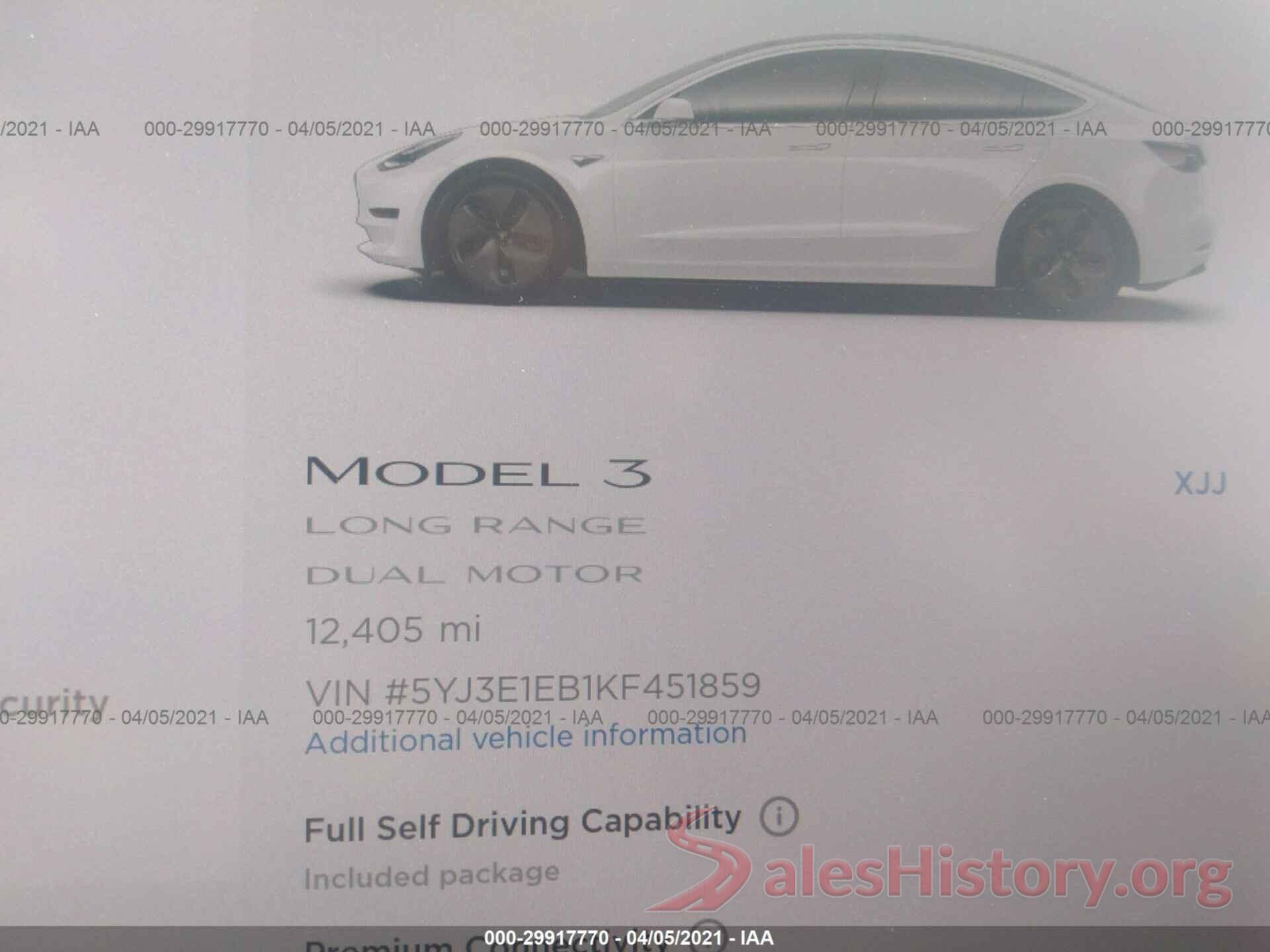 5YJ3E1EB1KF451859 2019 TESLA MODEL 3