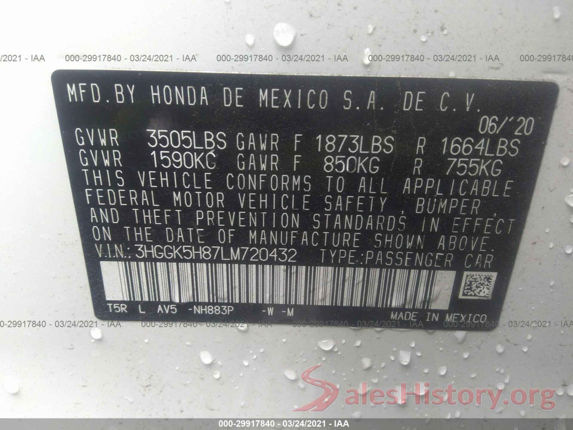 3HGGK5H87LM720432 2020 HONDA FIT