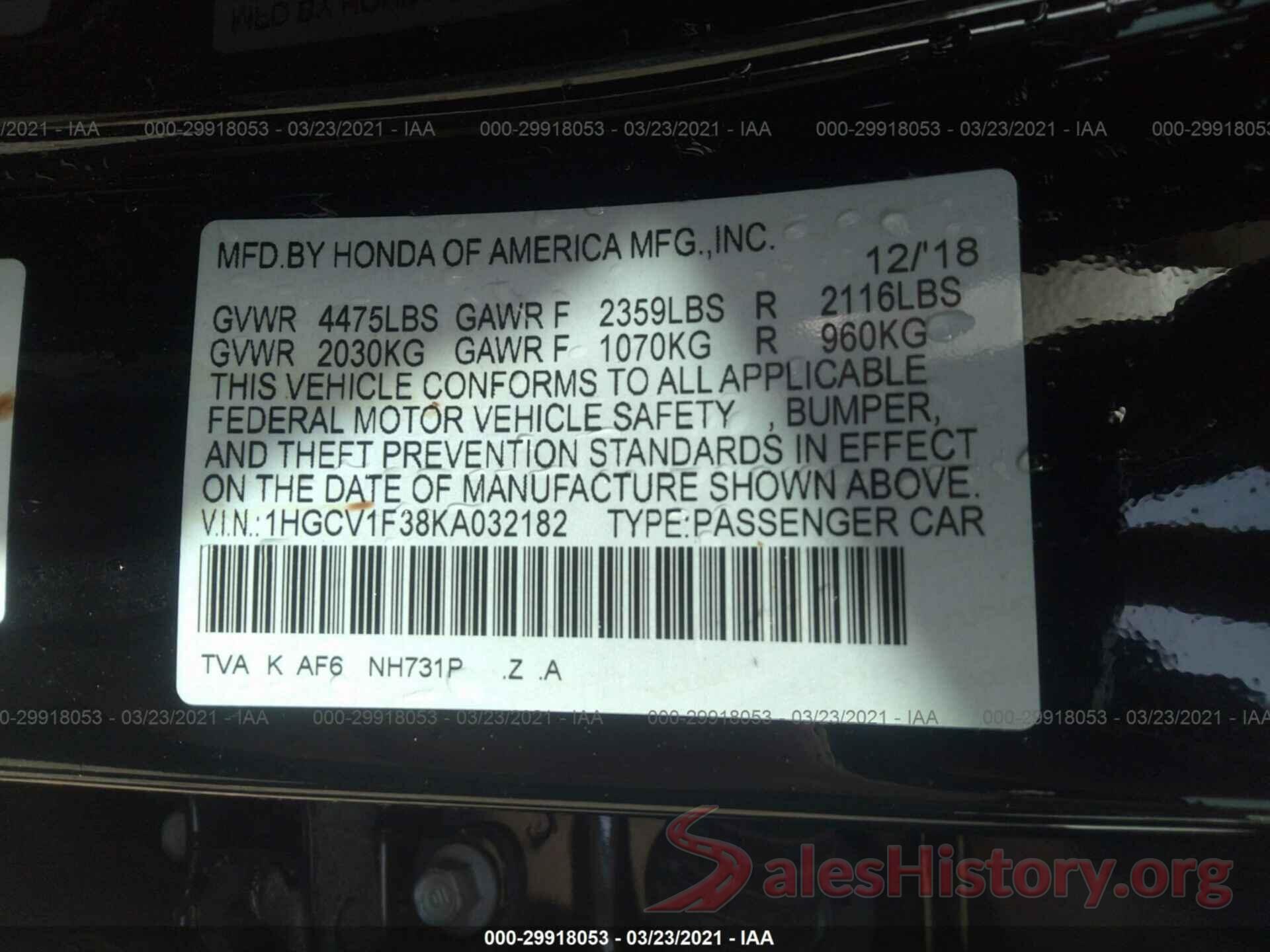 1HGCV1F38KA032182 2019 HONDA ACCORD SEDAN