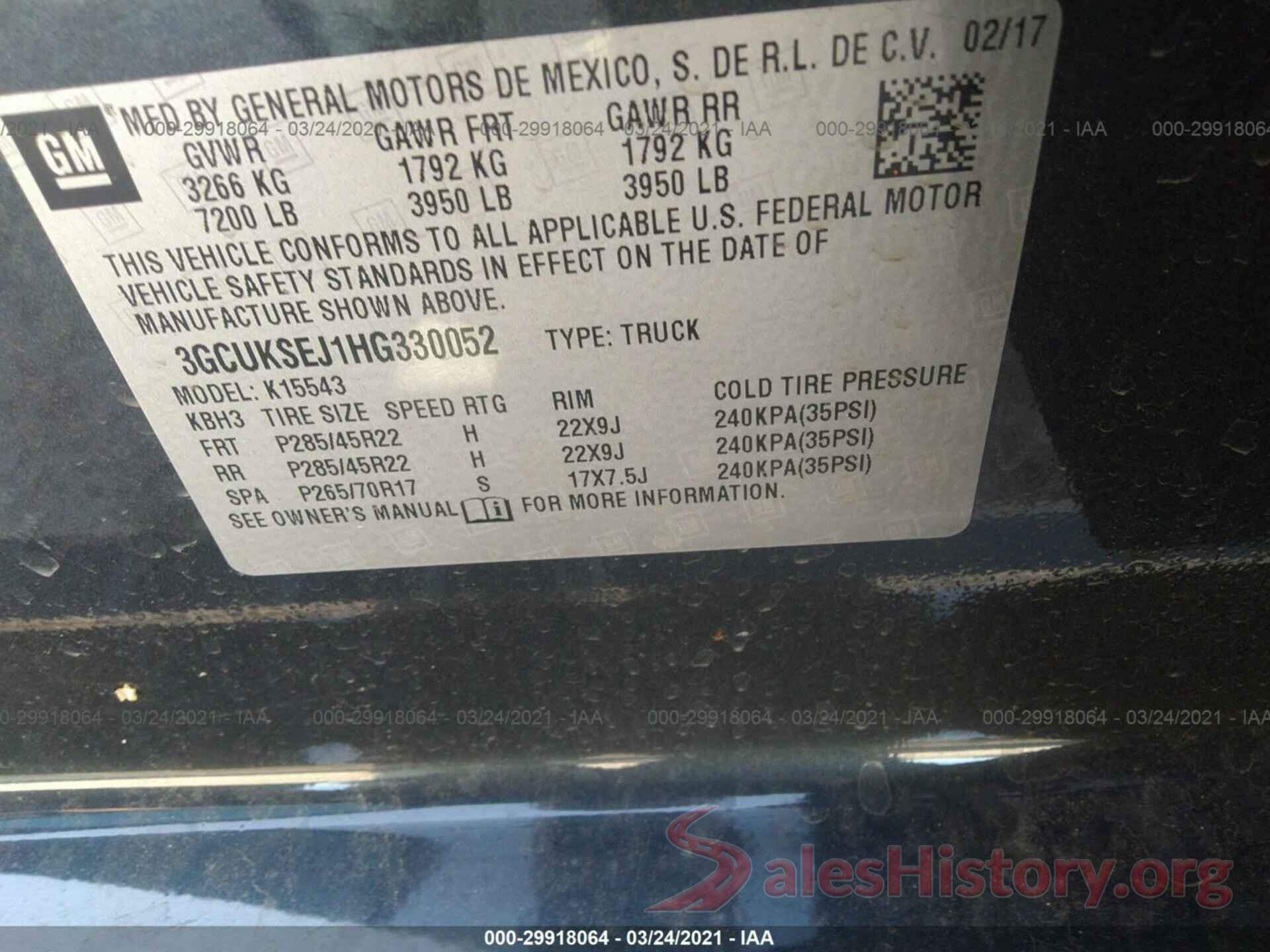 3GCUKSEJ1HG330052 2017 CHEVROLET SILVERADO 1500