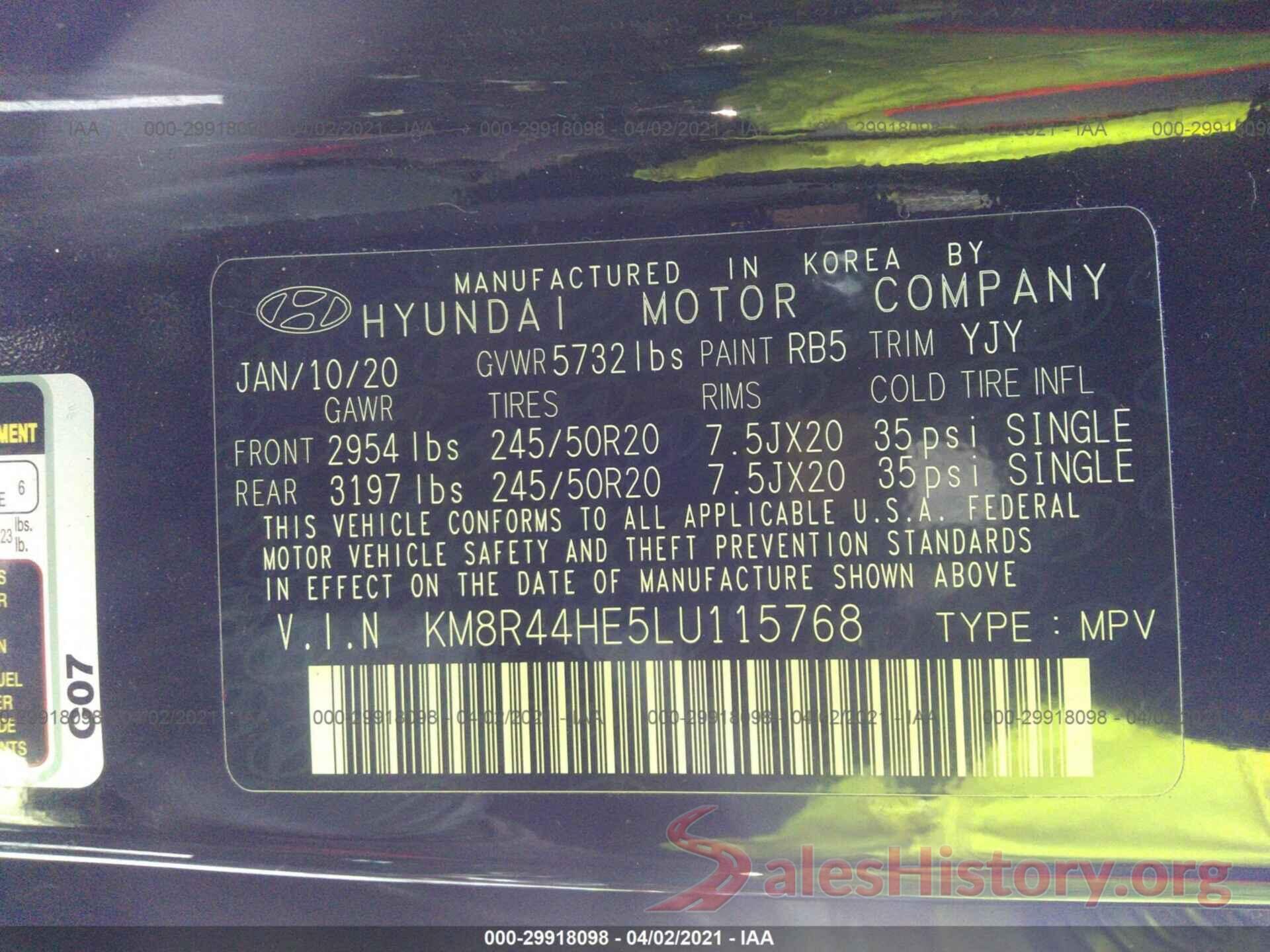 KM8R44HE5LU115768 2020 HYUNDAI PALISADE