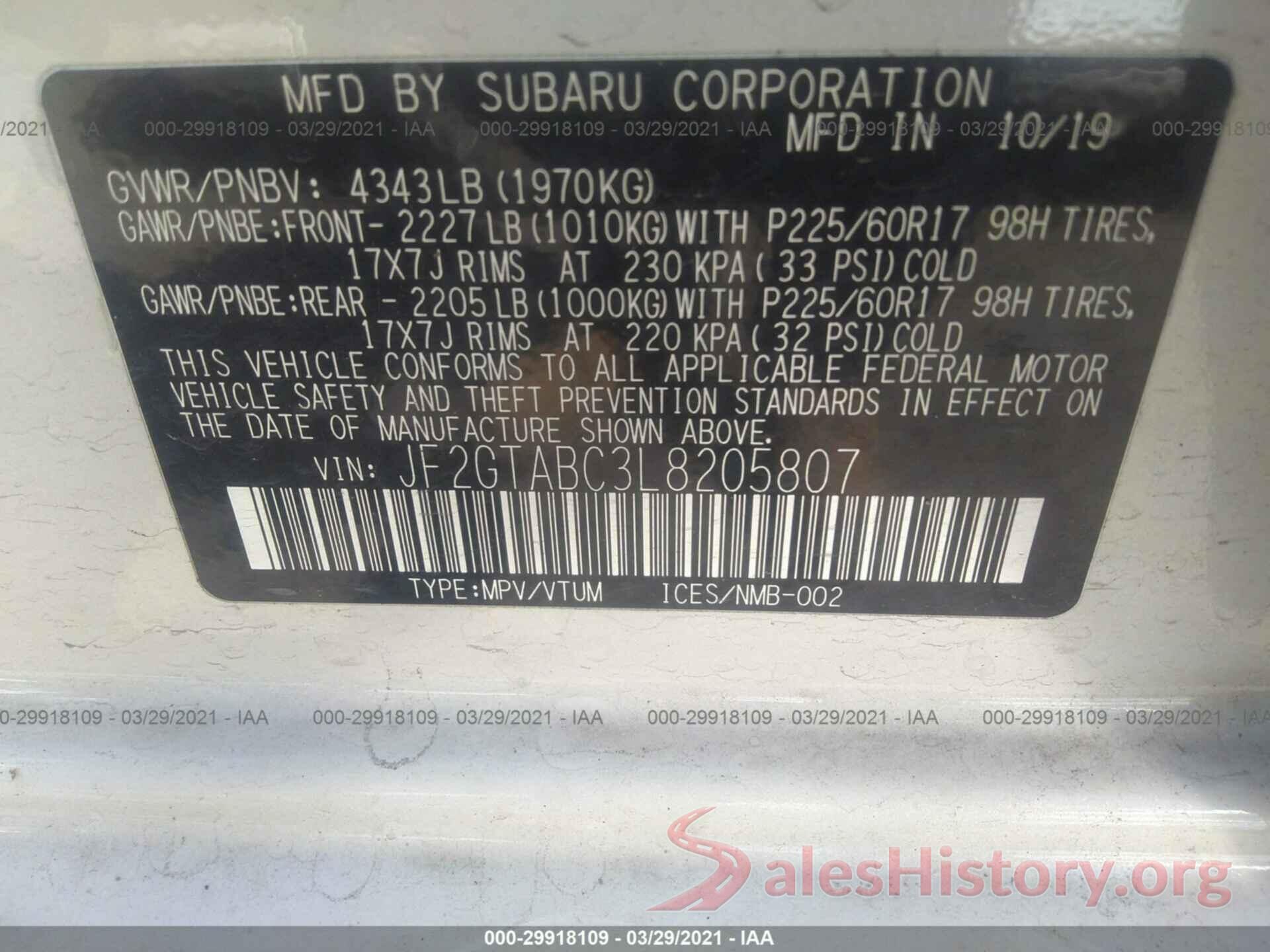 JF2GTABC3L8205807 2020 SUBARU CROSSTREK