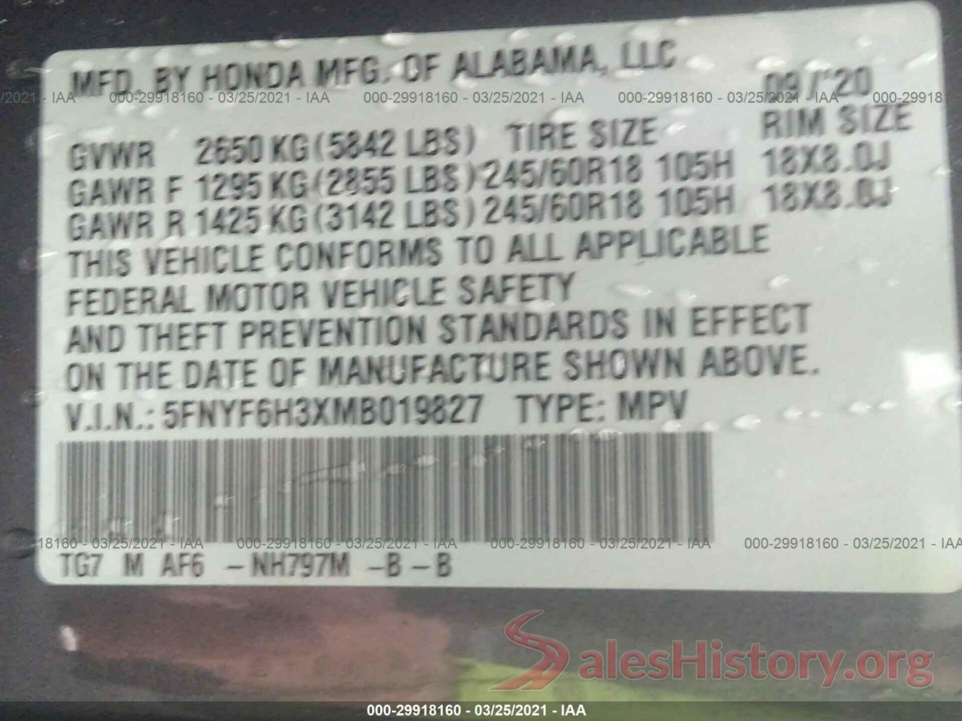 5FNYF6H3XMB019827 2021 HONDA PILOT