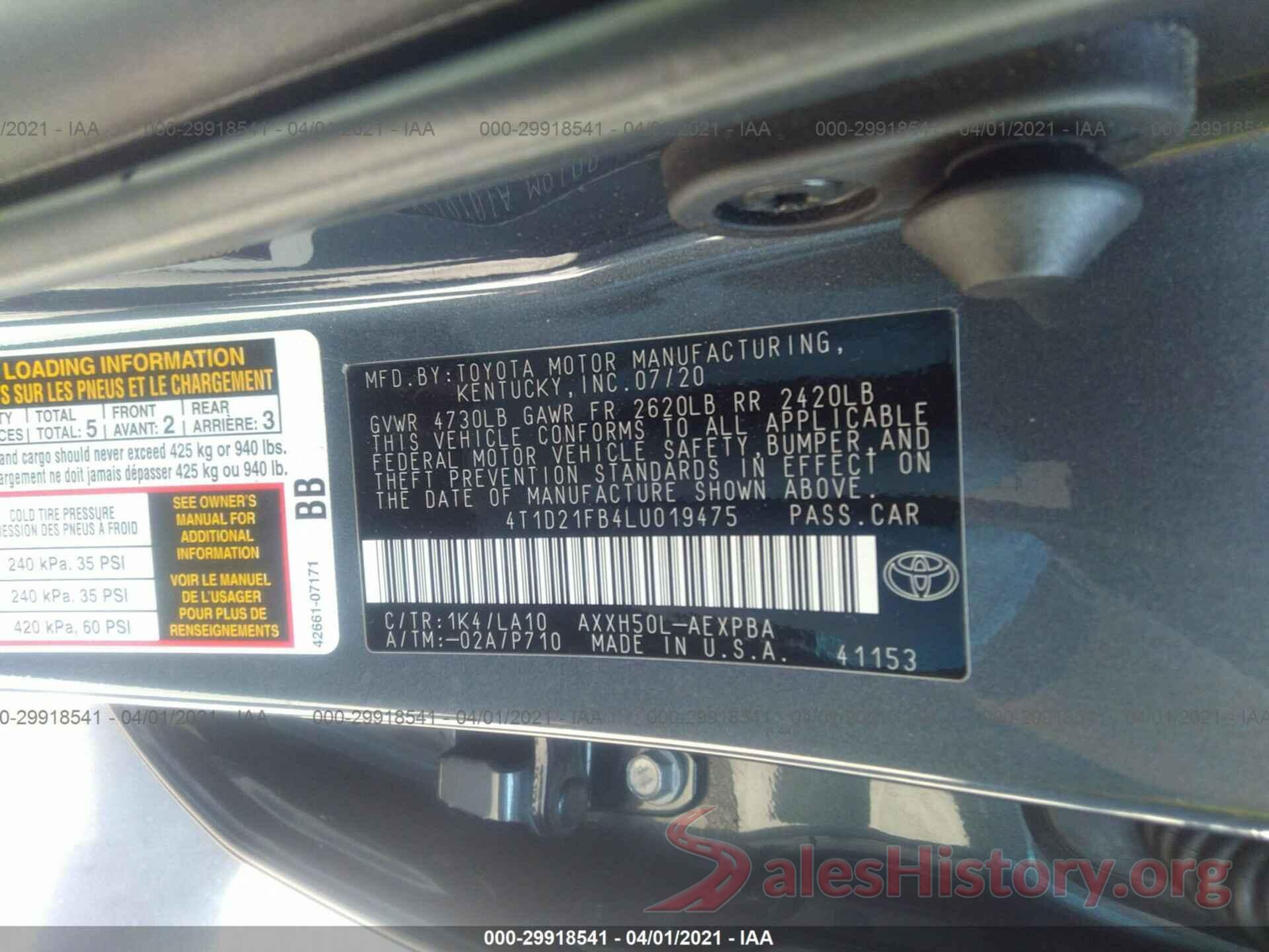 4T1D21FB4LU019475 2020 TOYOTA AVALON