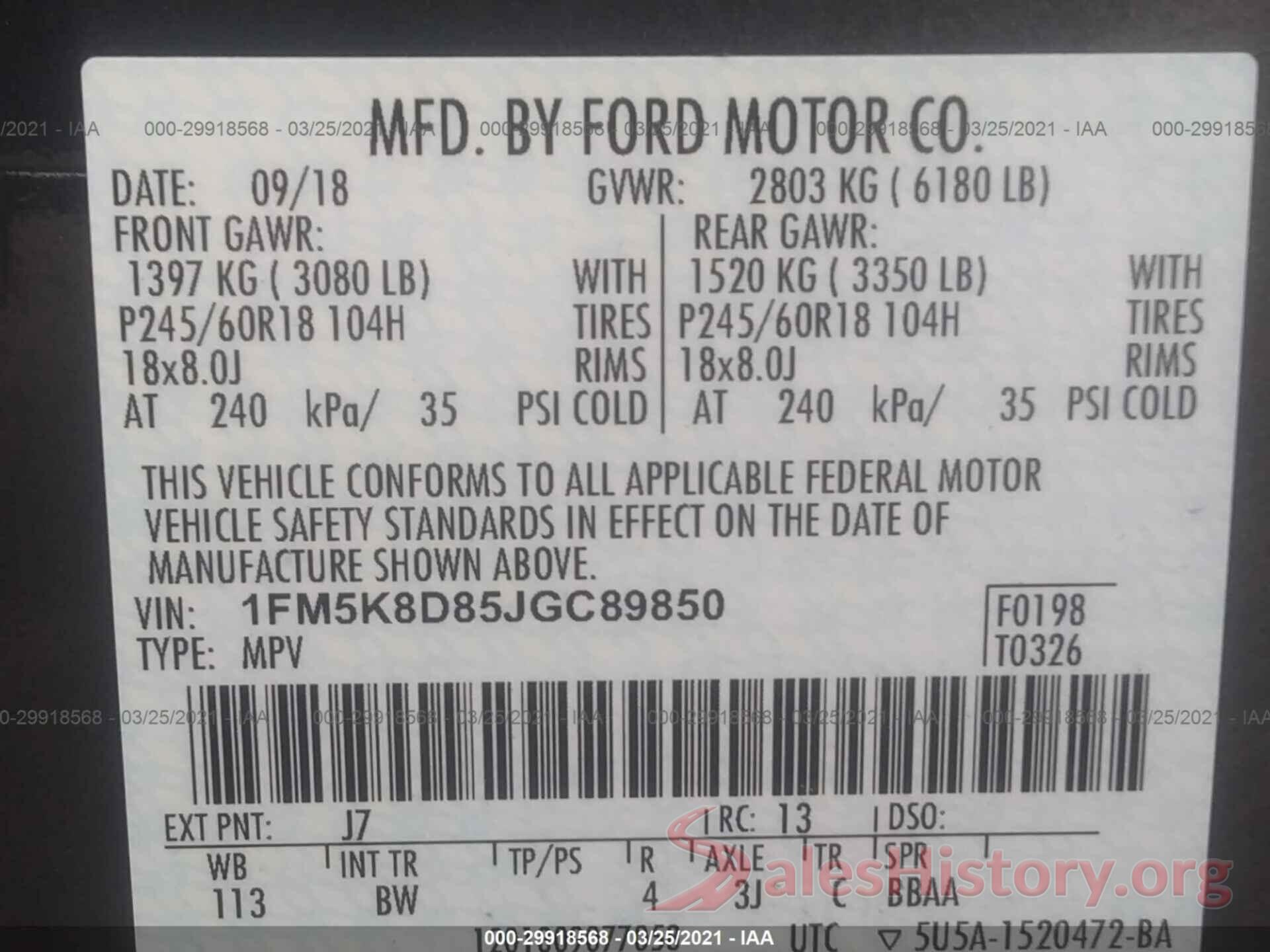 1FM5K8D85JGC89850 2018 FORD EXPLORER