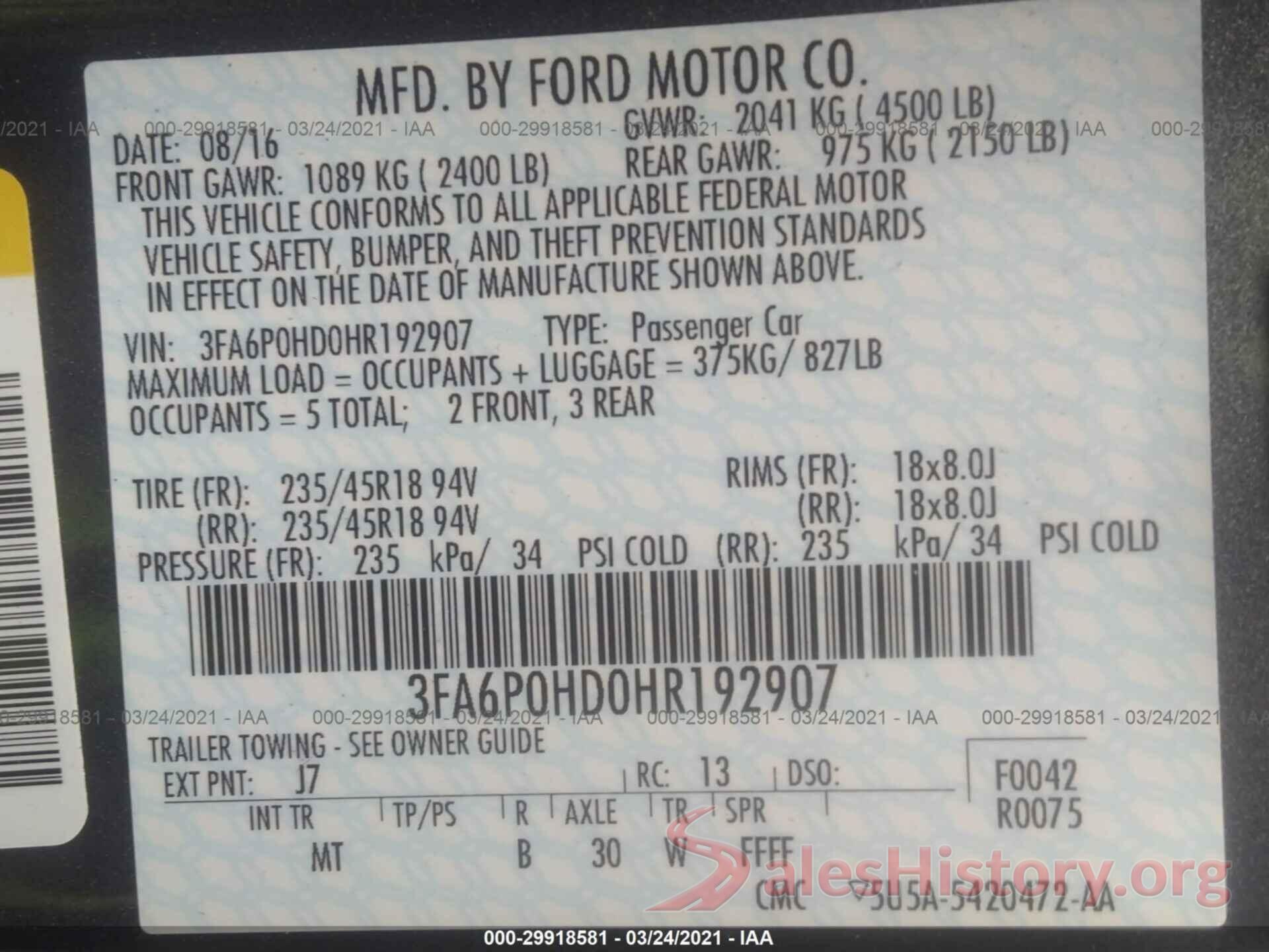 3FA6P0HD0HR192907 2017 FORD FUSION