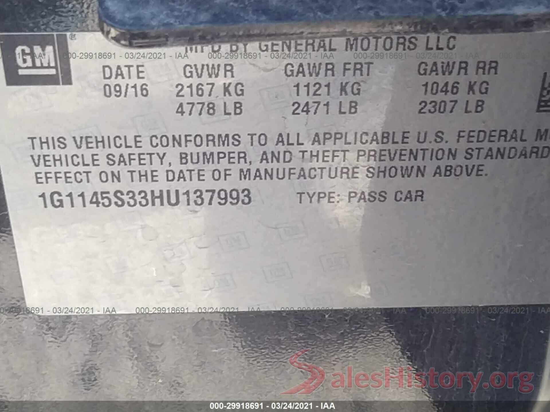 1G1145S33HU137993 2017 CHEVROLET IMPALA