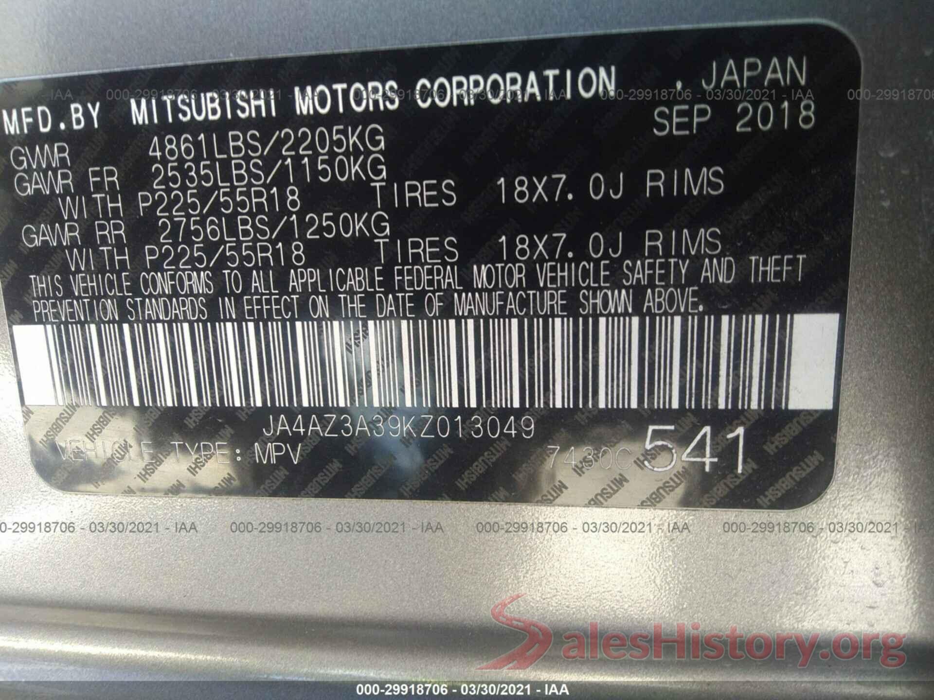 JA4AZ3A39KZ013049 2019 MITSUBISHI OUTLANDER