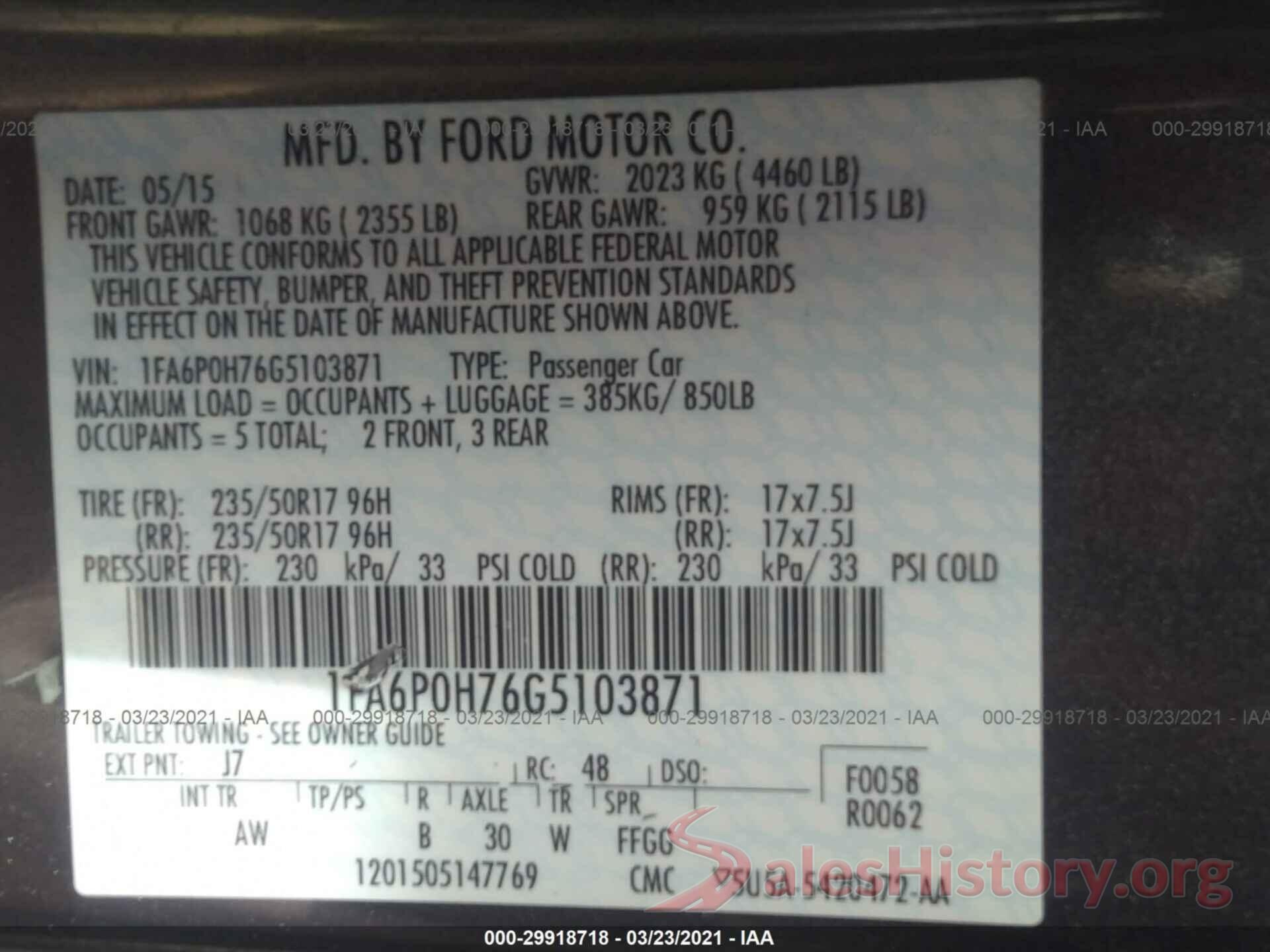 1FA6P0H76G5103871 2016 FORD FUSION