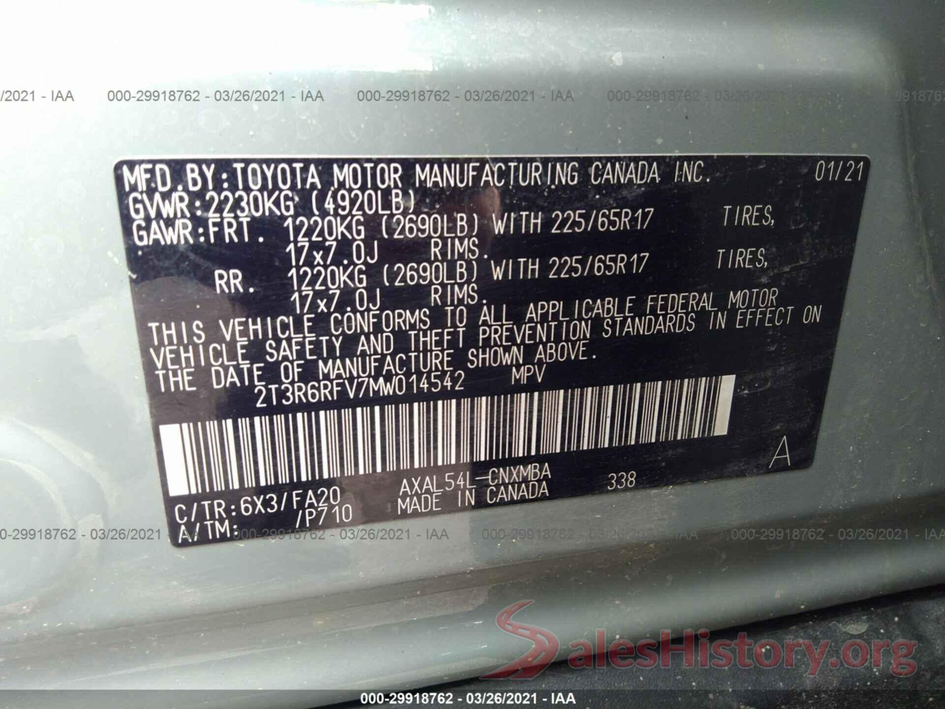 2T3R6RFV7MW014542 2021 TOYOTA RAV4