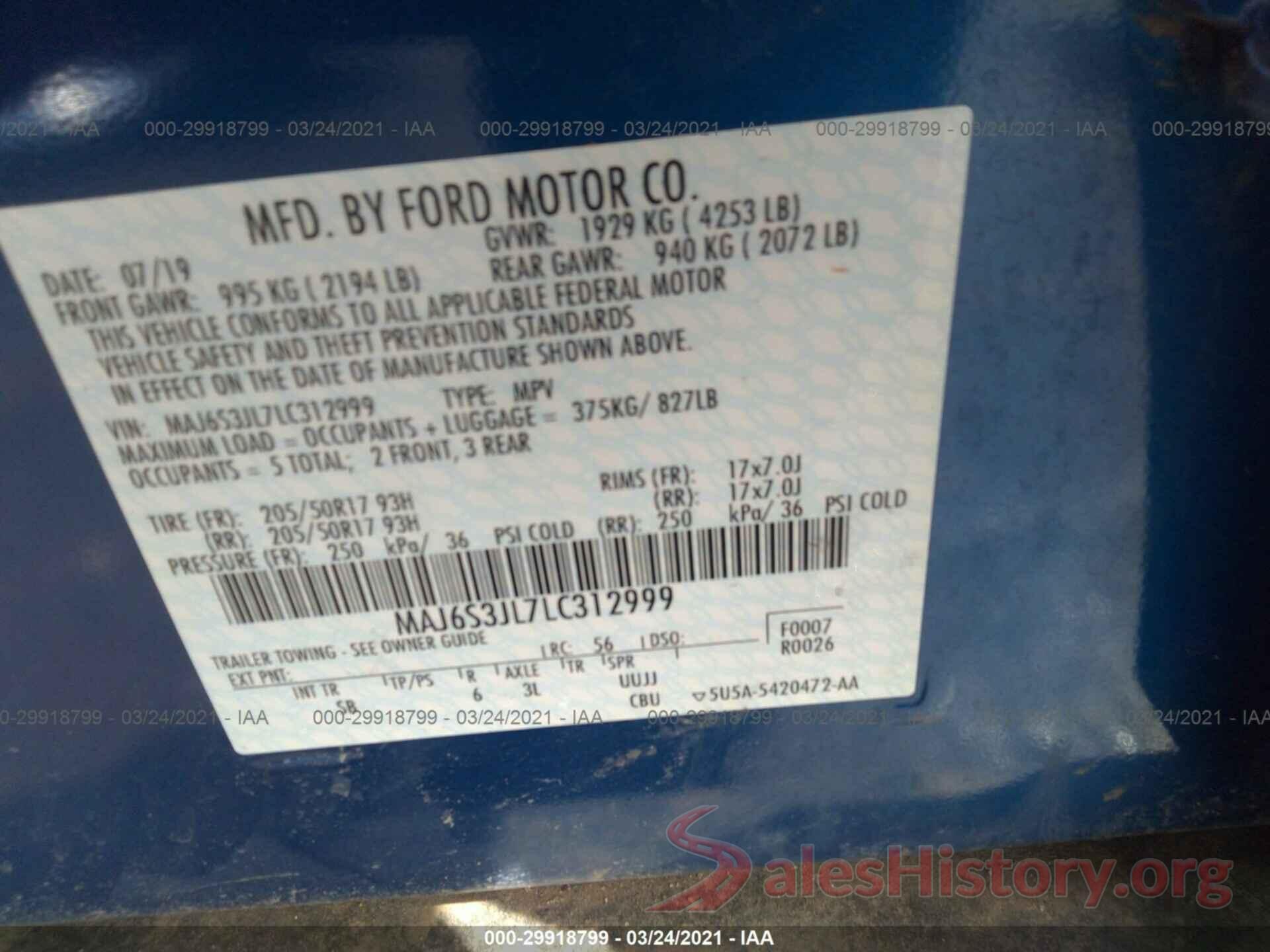 MAJ6S3JL7LC312999 2020 FORD ECOSPORT