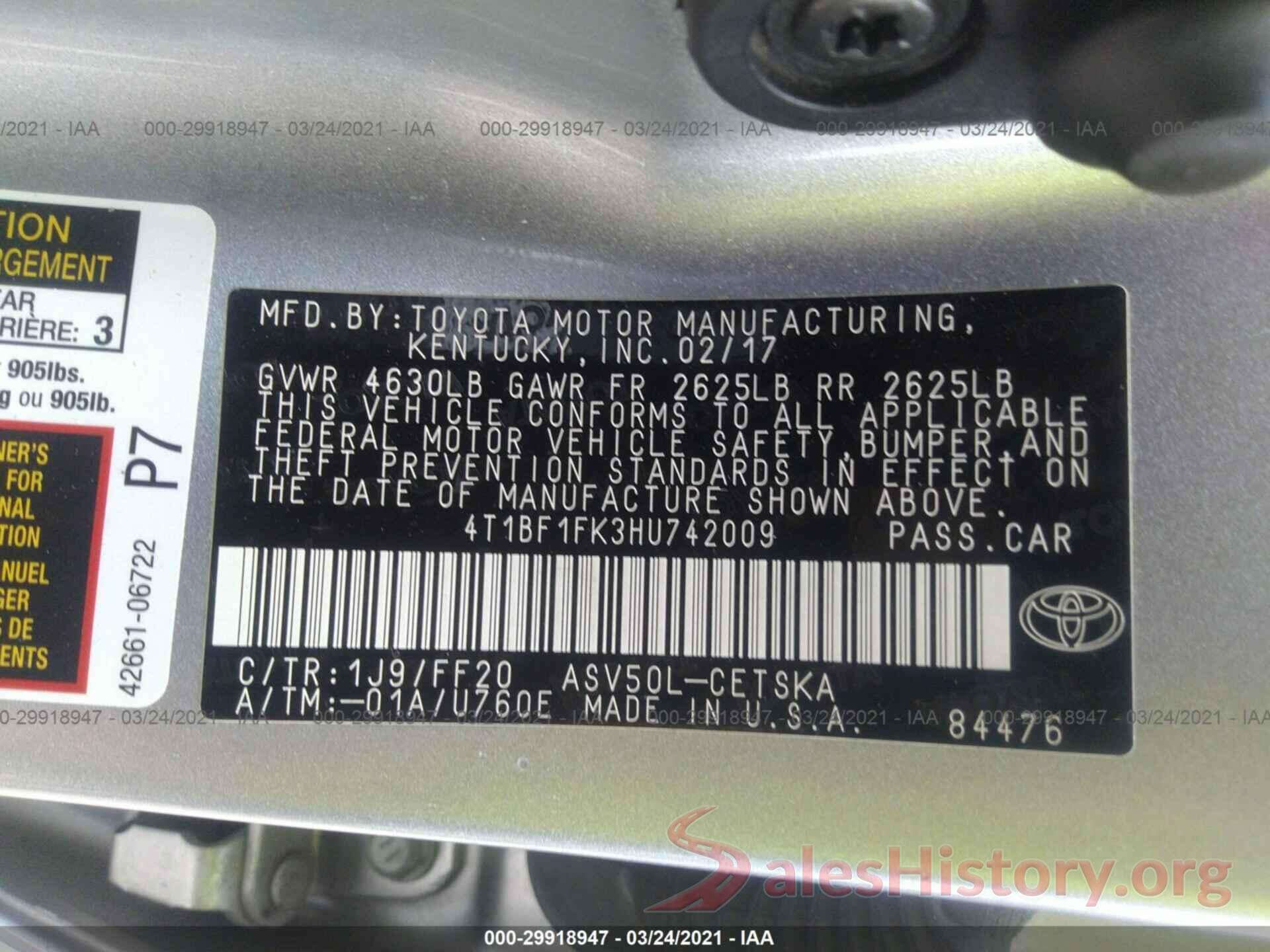 4T1BF1FK3HU742009 2017 TOYOTA CAMRY